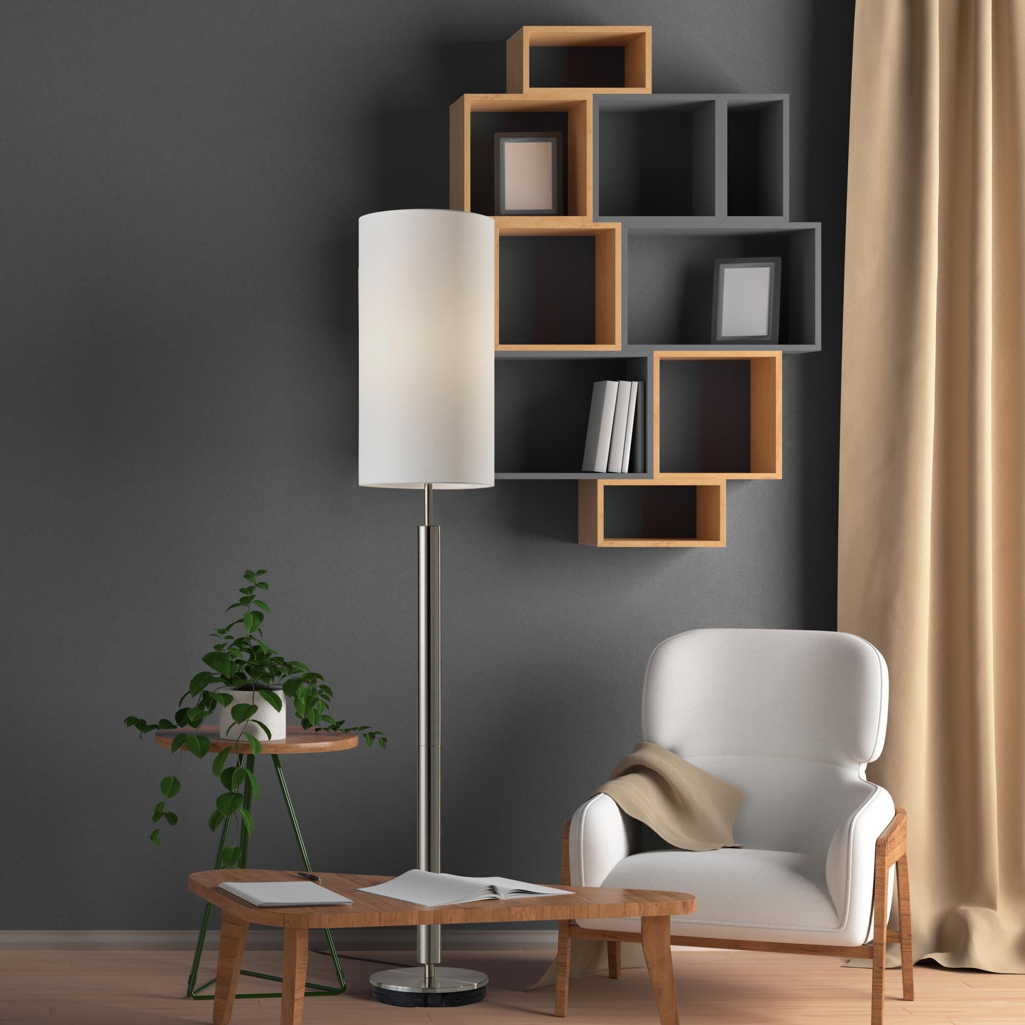 Shown in Brushed Steel finish and Ivory Silk shade