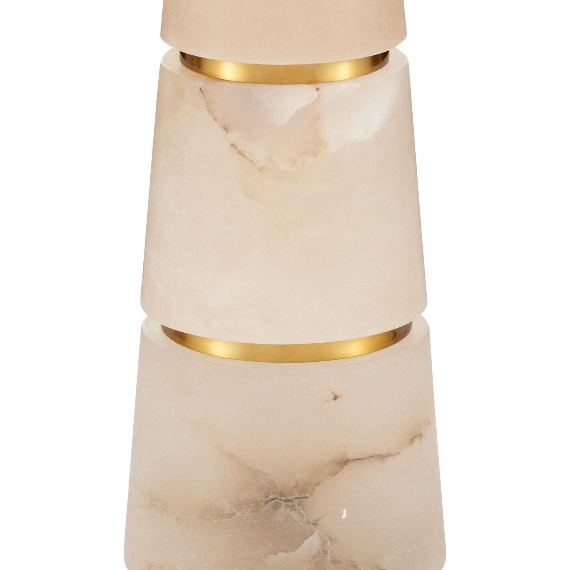 Shown in Natural and Natural Brass finish and Off White Linen shade