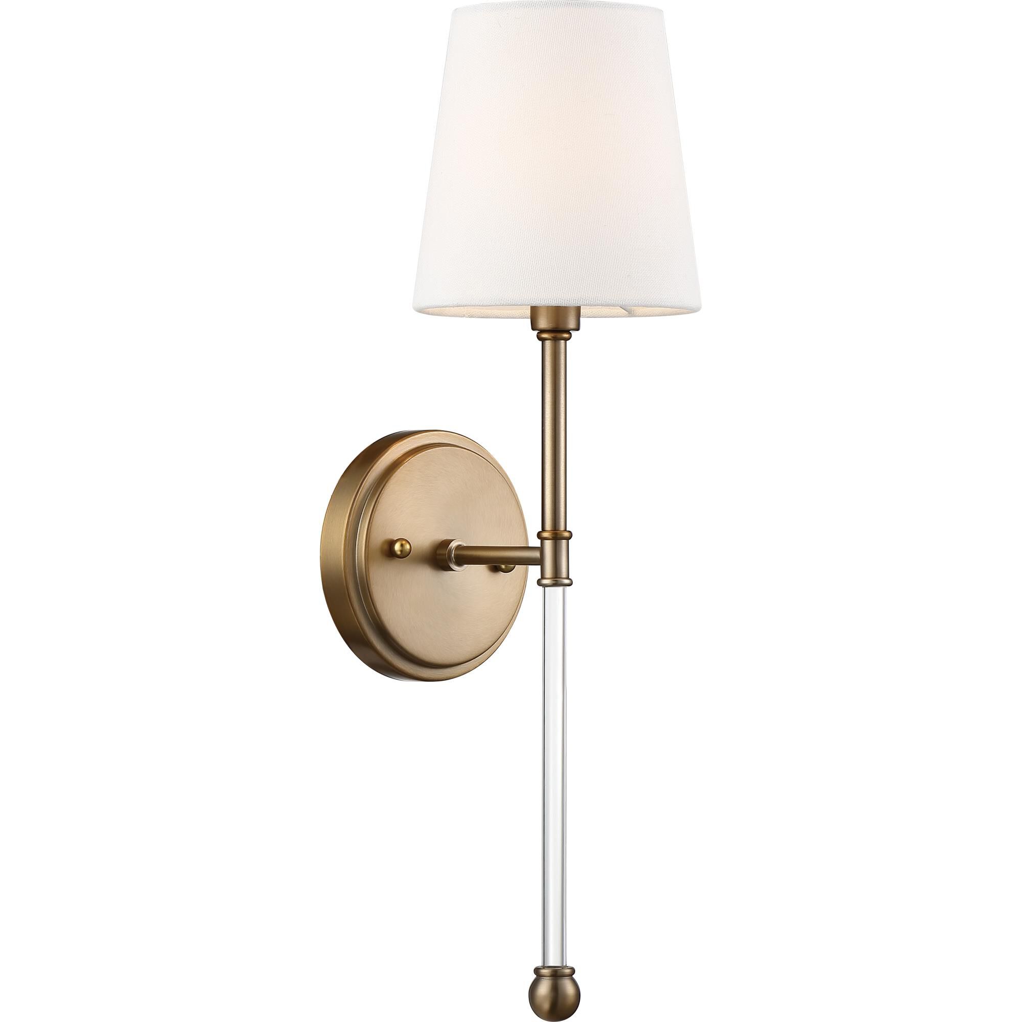Shown in Burnished Brass finish and White Linen shade