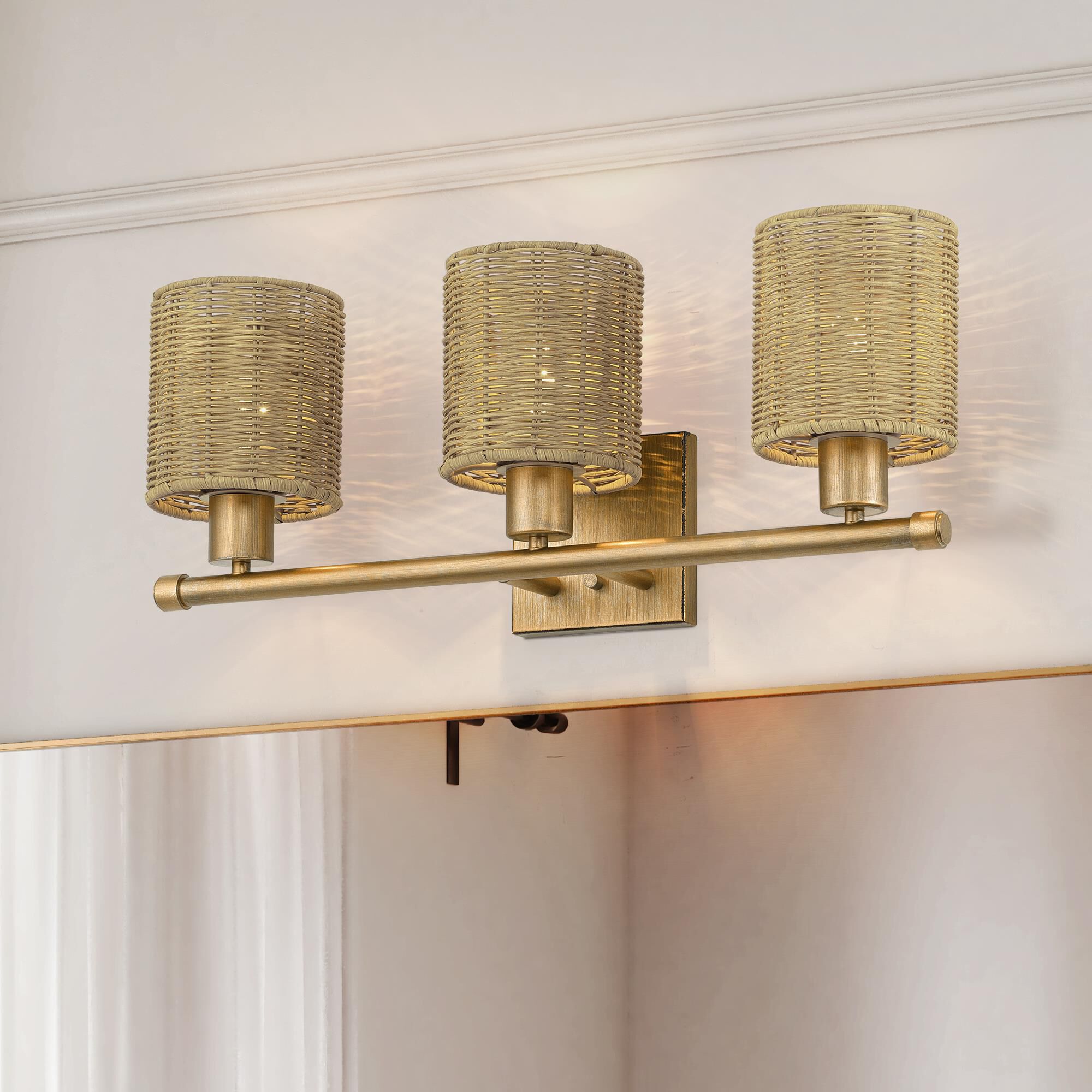 Shown in Antique Gold Leaf finish and Hand-Woven Rustic Walnut Color Rattan shade