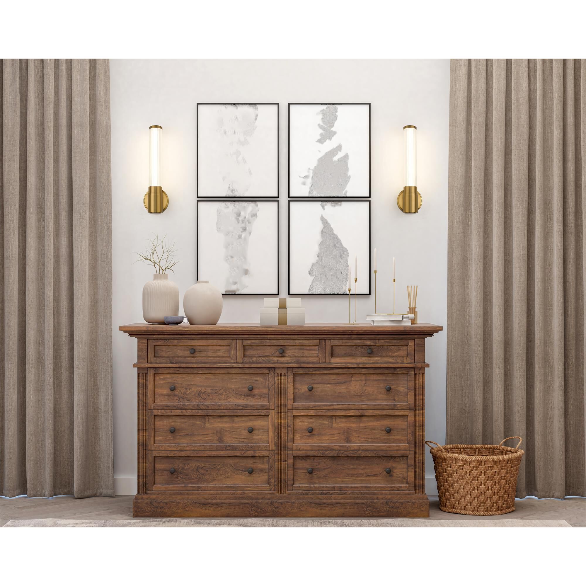 Shown in Modern Gold finish and Opal White glass and Opal White shade