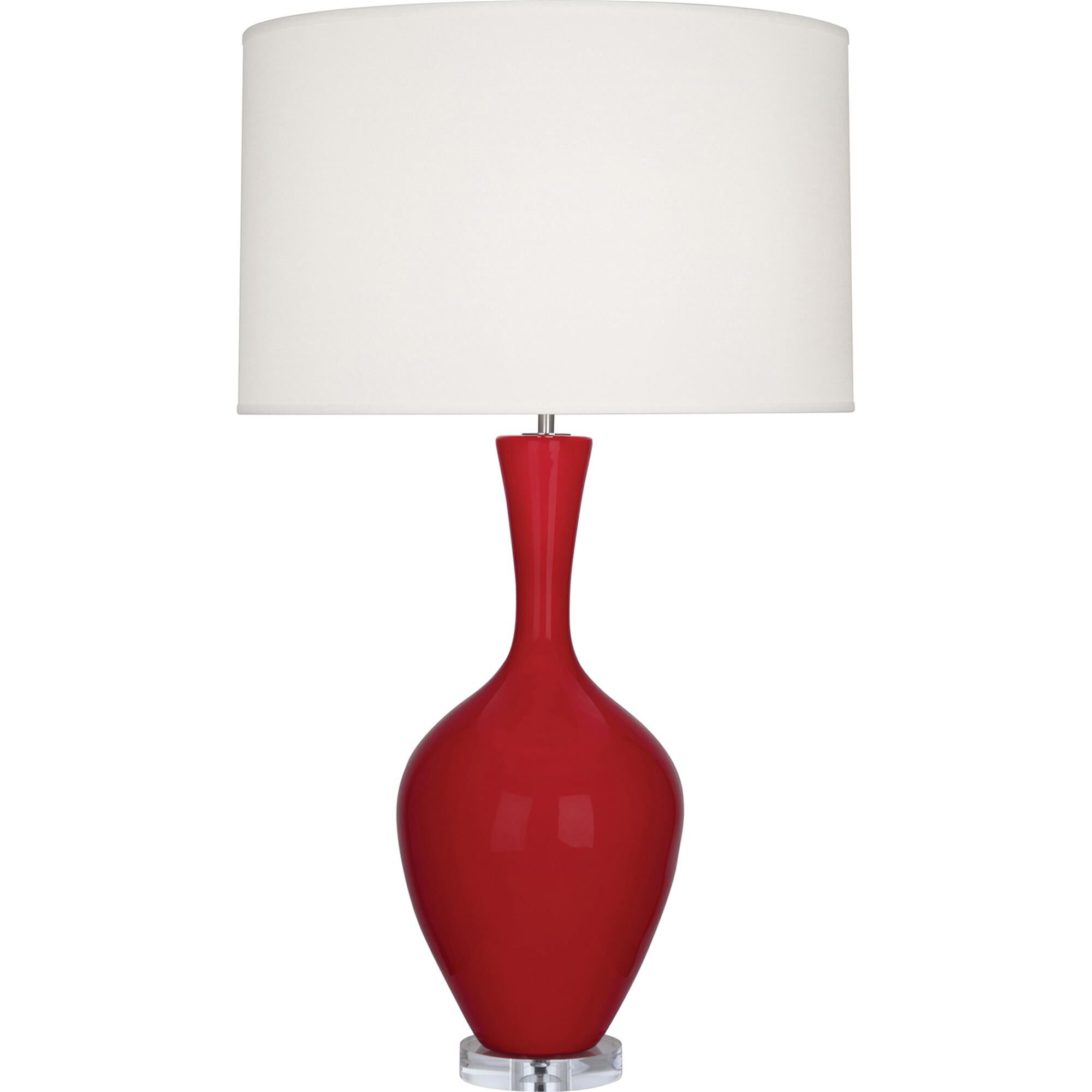 Shown in Ruby Red Glazed Ceramic finish and Fondine Fabric shade