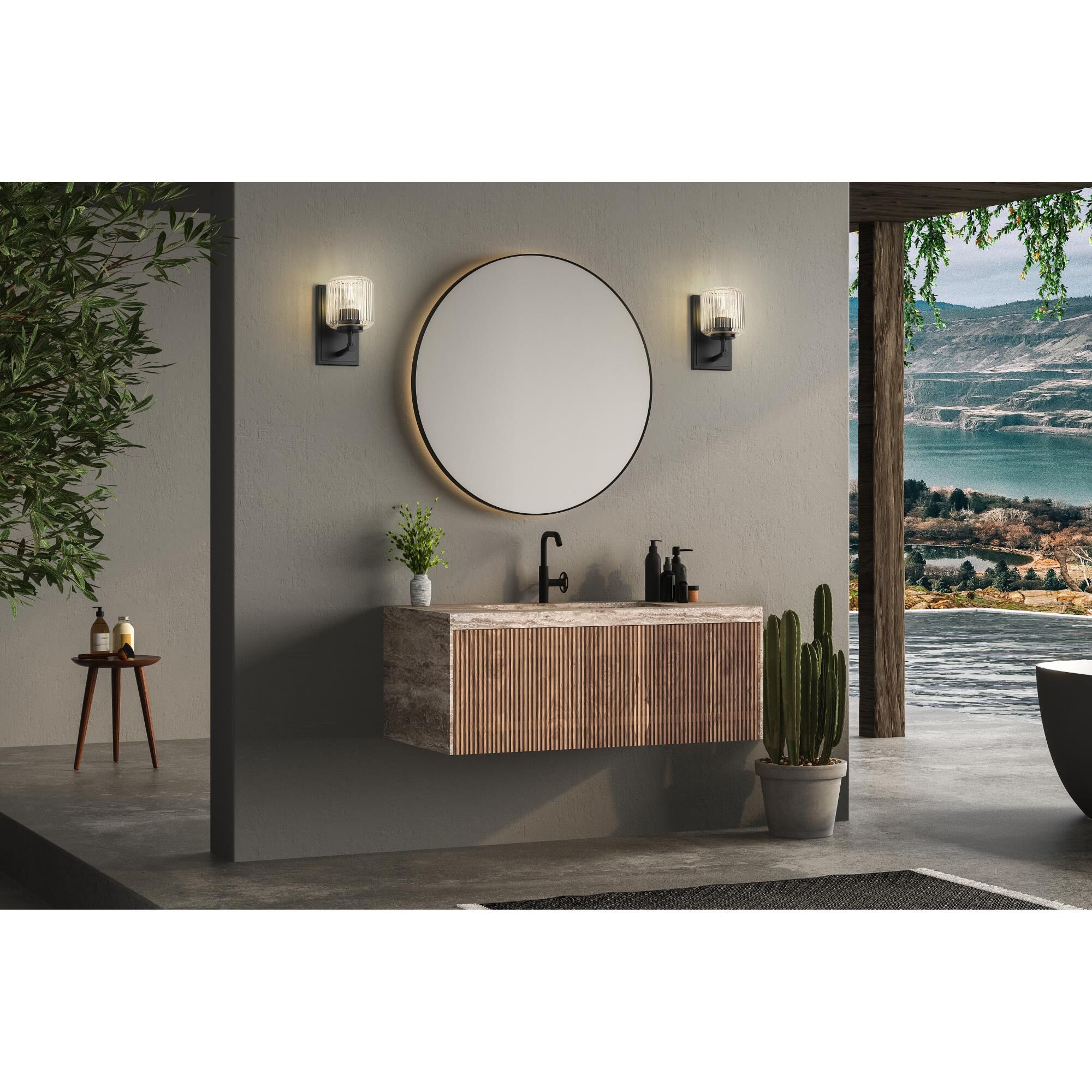 Shown in Matte Black finish and Clear Ribbed glass and Clear Ribbed shade