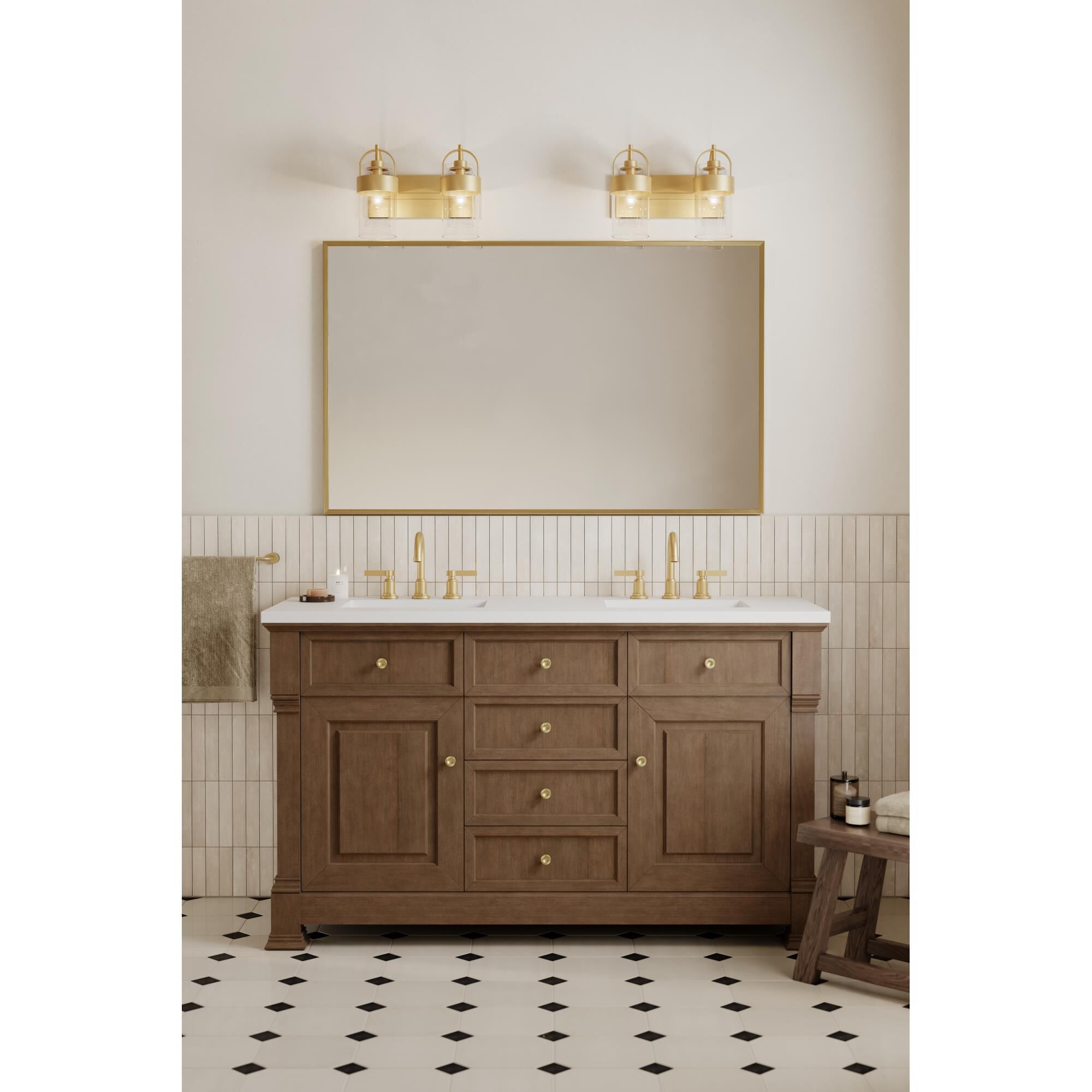 Shown in Legacy Brass finish and Clear and Grey glass