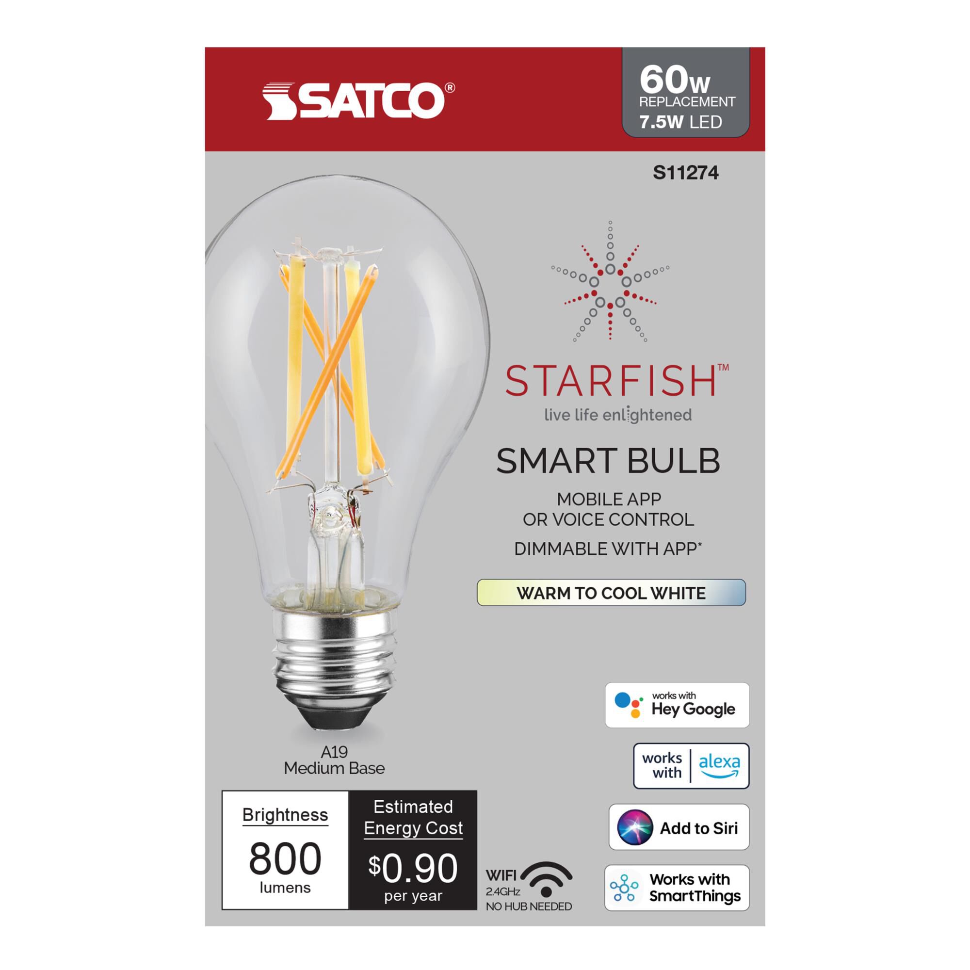 Dimmable 7.5 Watt 2200-5000K A19 LED Light Bulb,