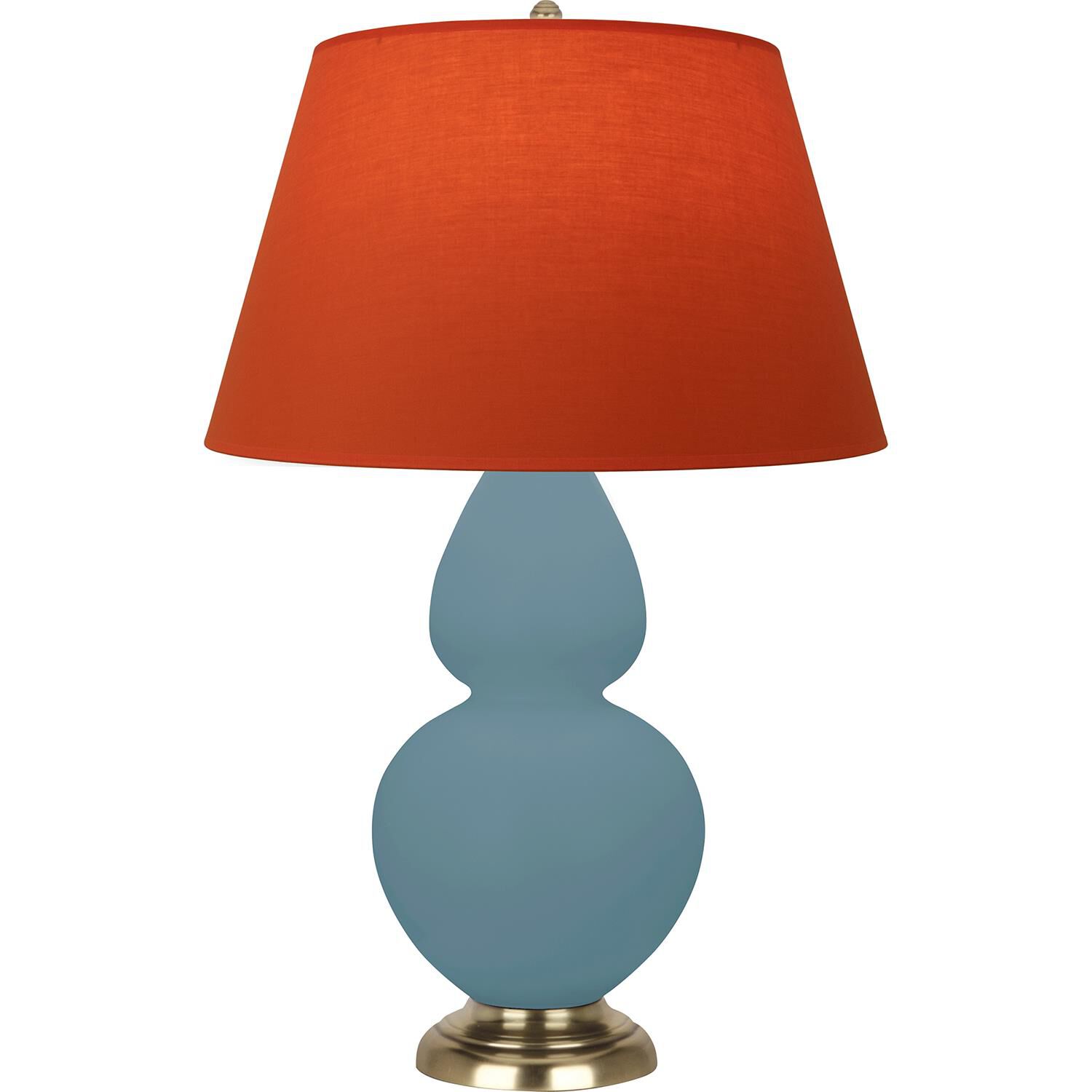 Shown in Matte Steel Blue finish and Tangerine and Taupe Lining shade and Antique Brass accent
