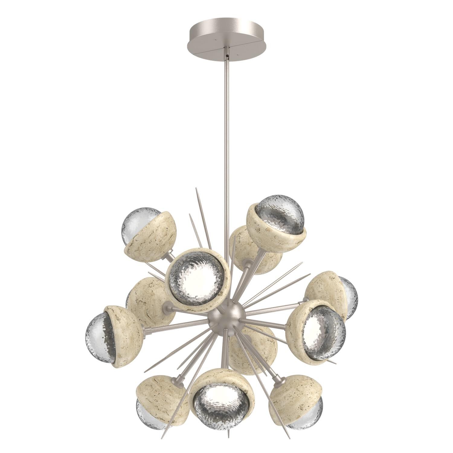 Shown in Beige Silver finish and Clear glass and Travertine Stone accent