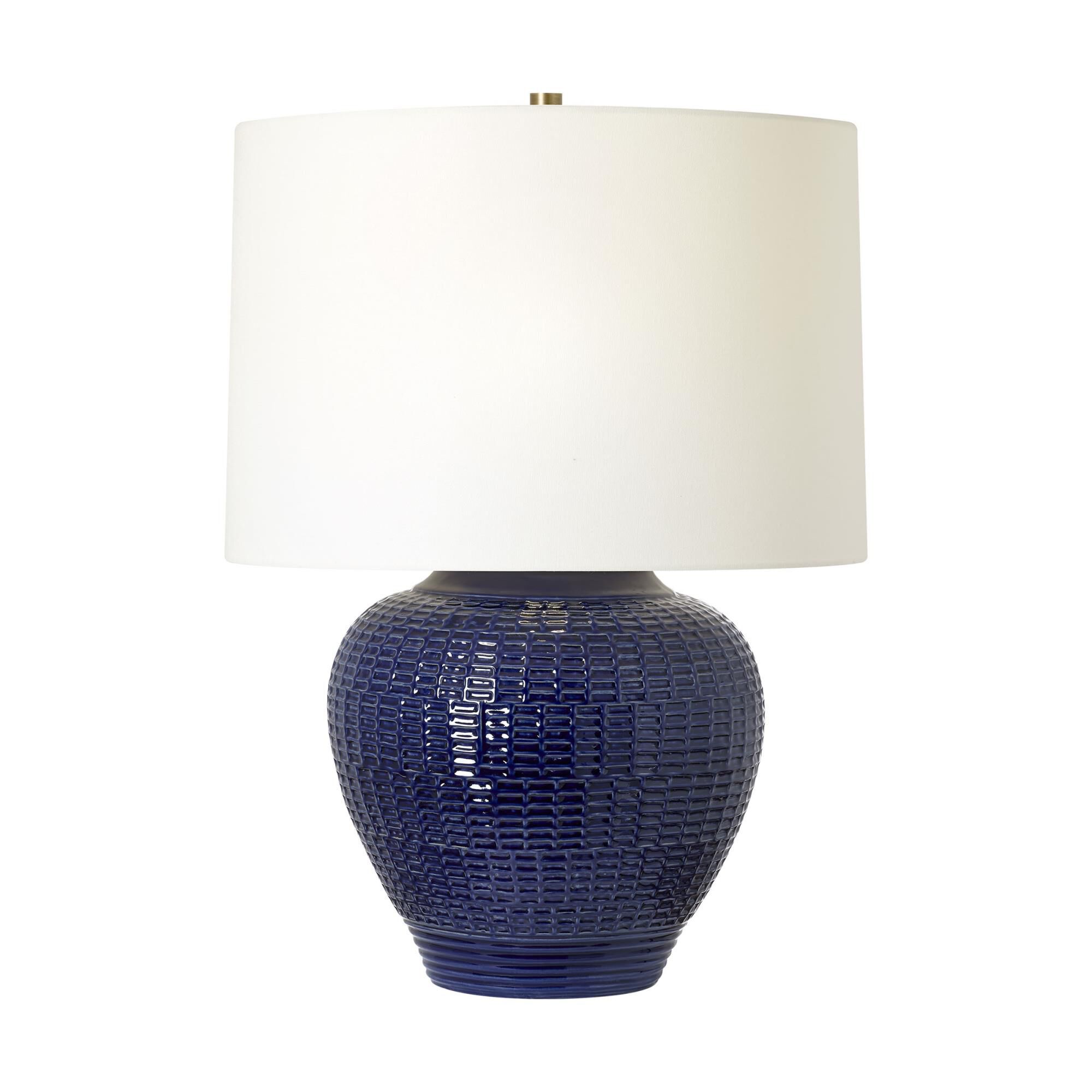 Shown in Crystal Cobalt finish and White Linen shade
