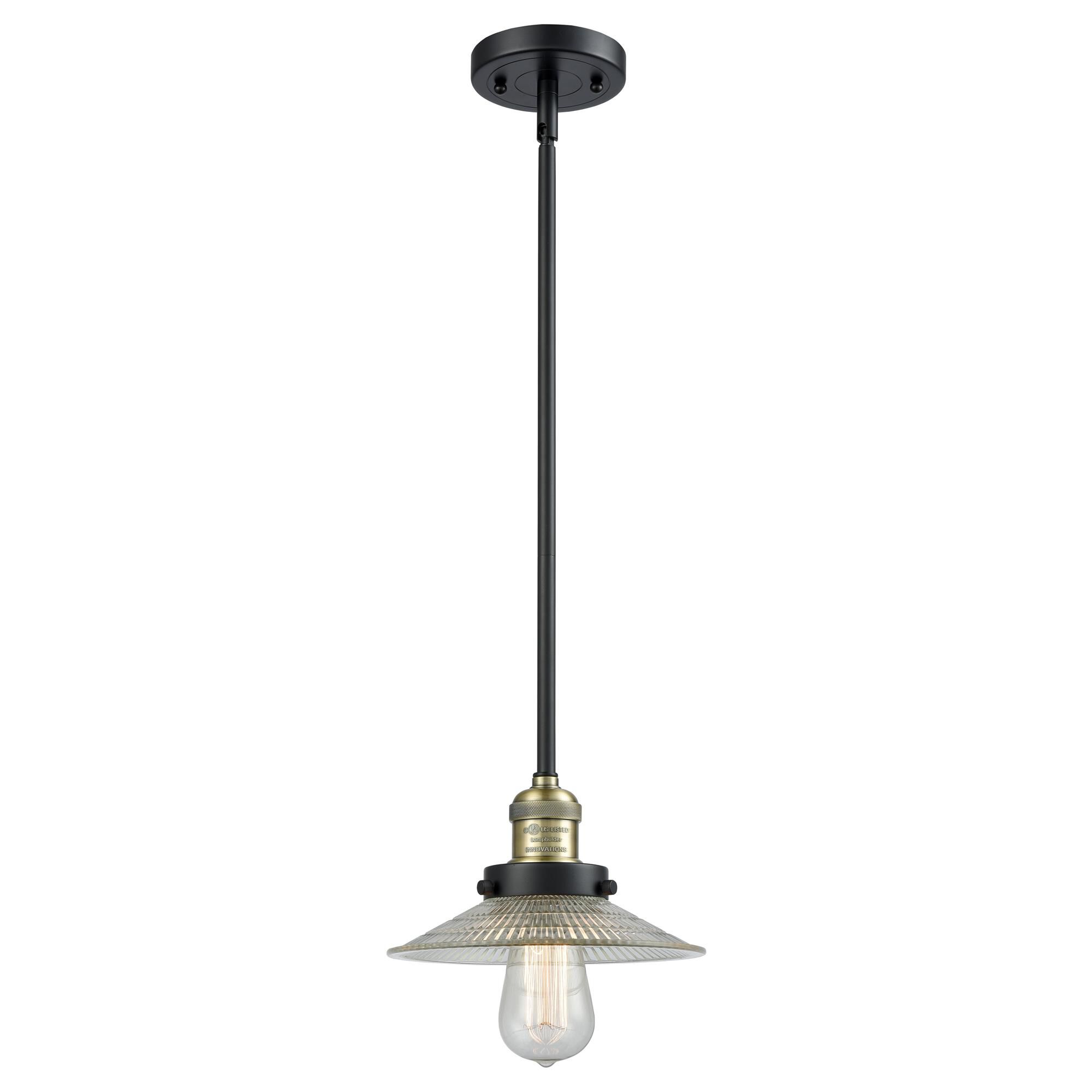Shown in Black Antique Brass finish and Clear Halophane glass