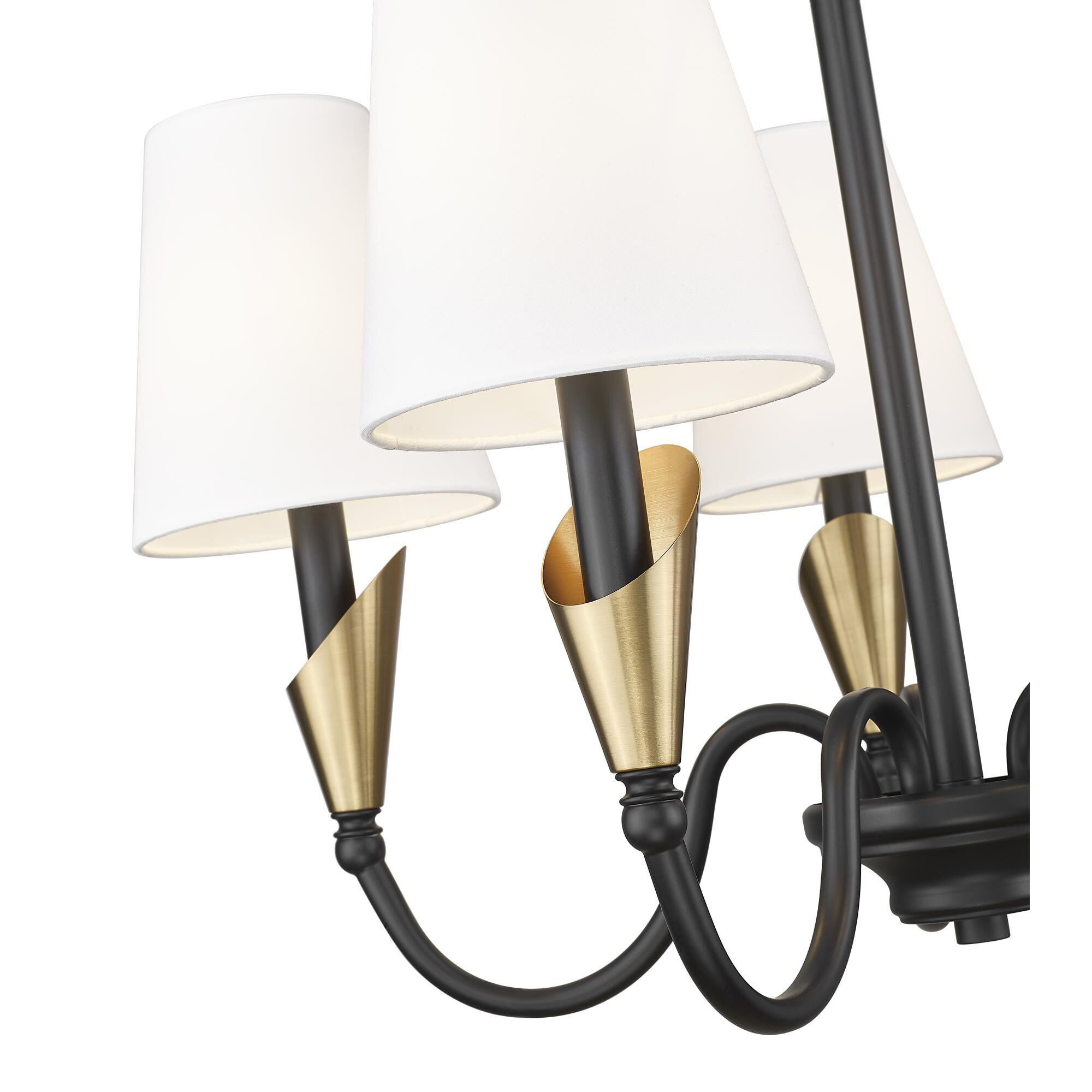 Shown in Matte Black And Modern Gold finish and White glass and White shade