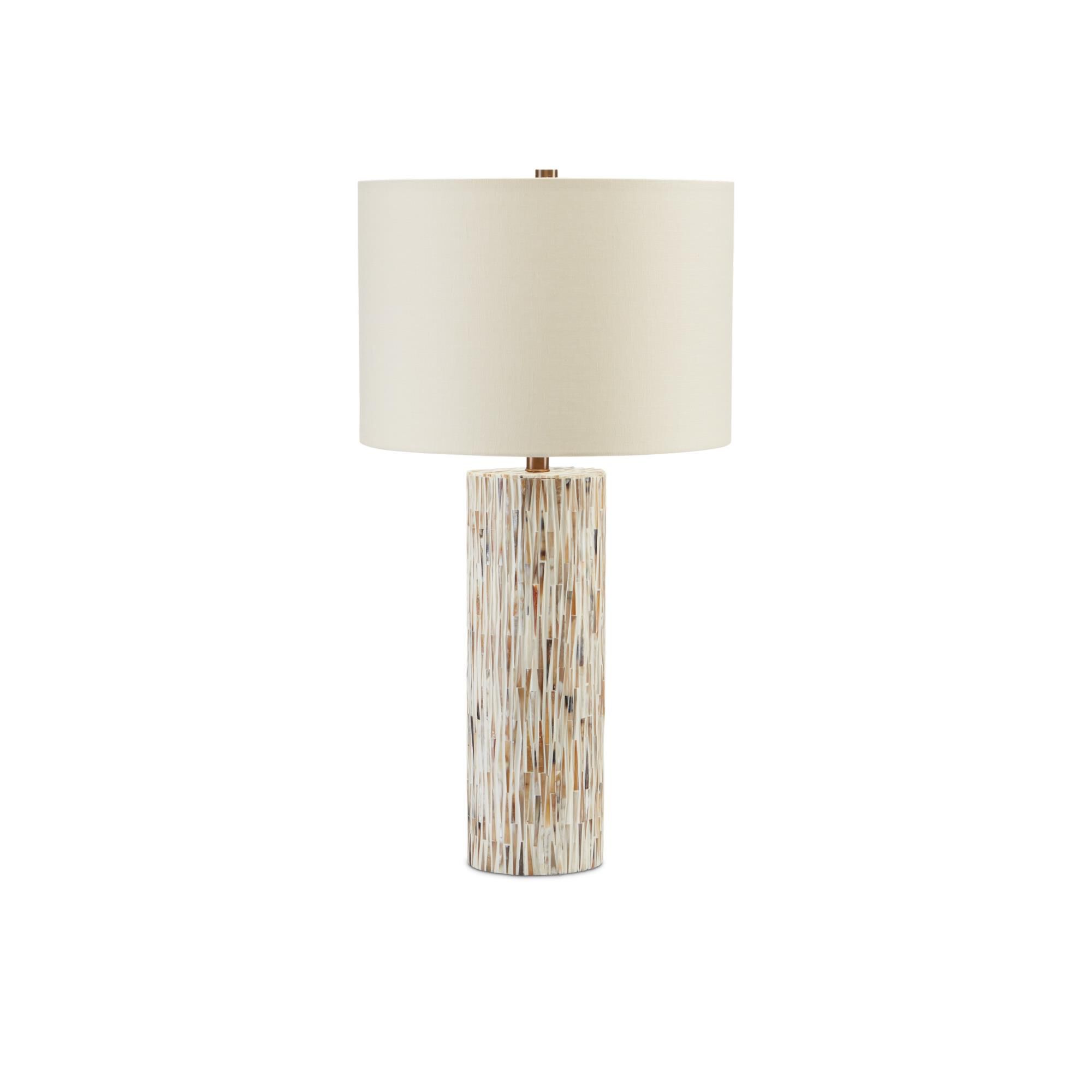 Shown in Natural Bone, Antique Brass finish and Light Beige Linen shade