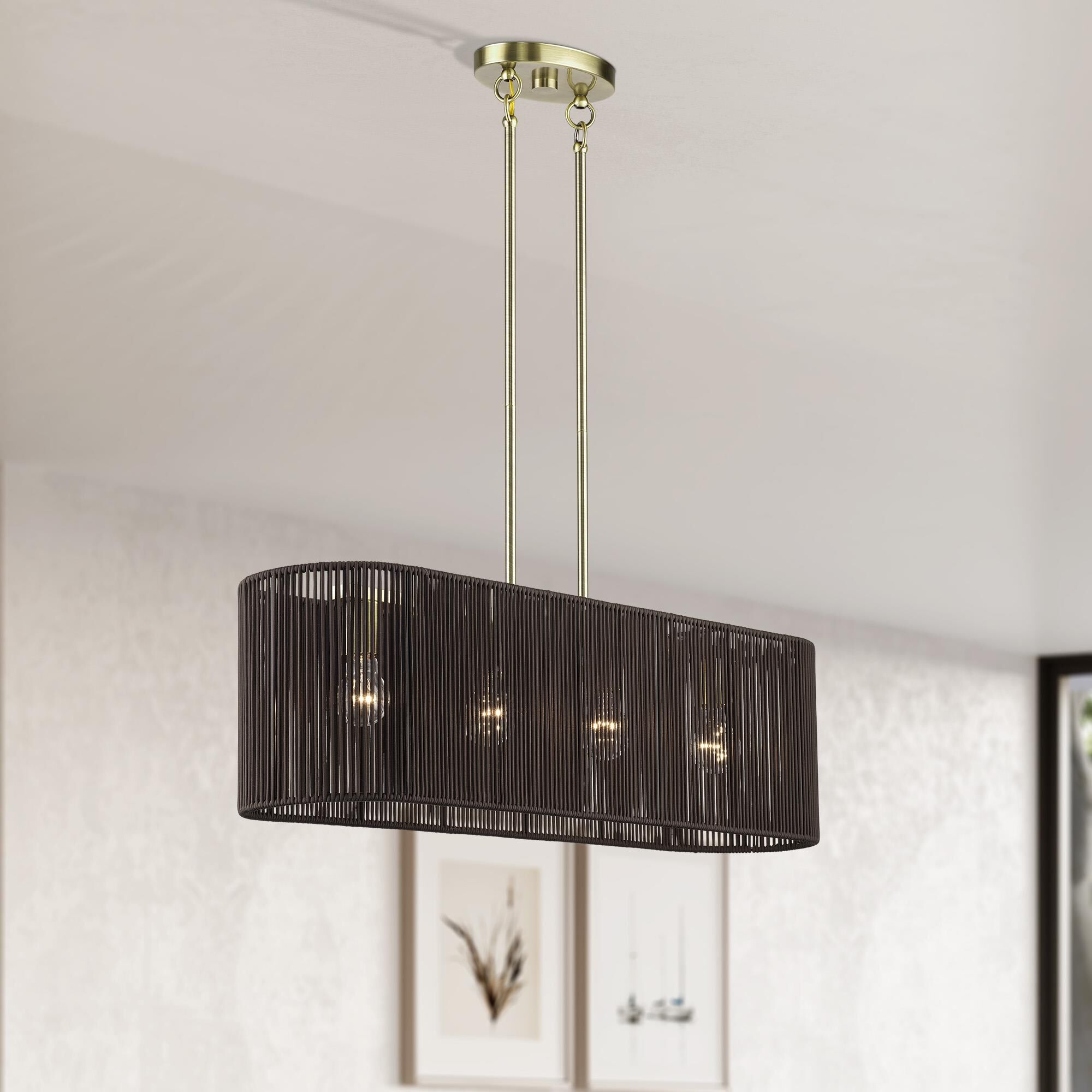 Shown in Antique Brass finish and Hand-Woven Dark Chocolate Color Polyester Rope shade