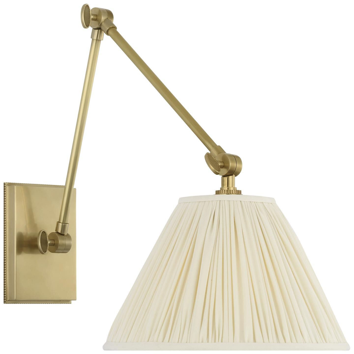 Shown in Soft Brass finish and Silk Pleated shade