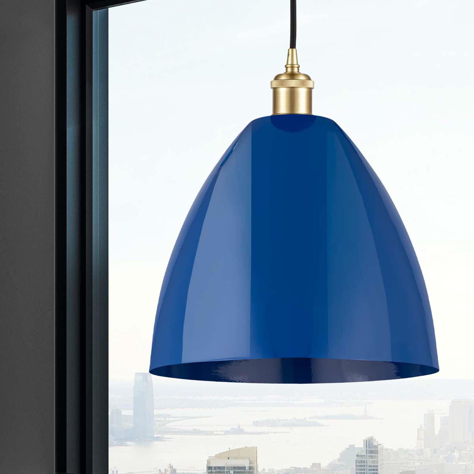 Shown in Satin Gold finish and Blue Plymouth Dome shade