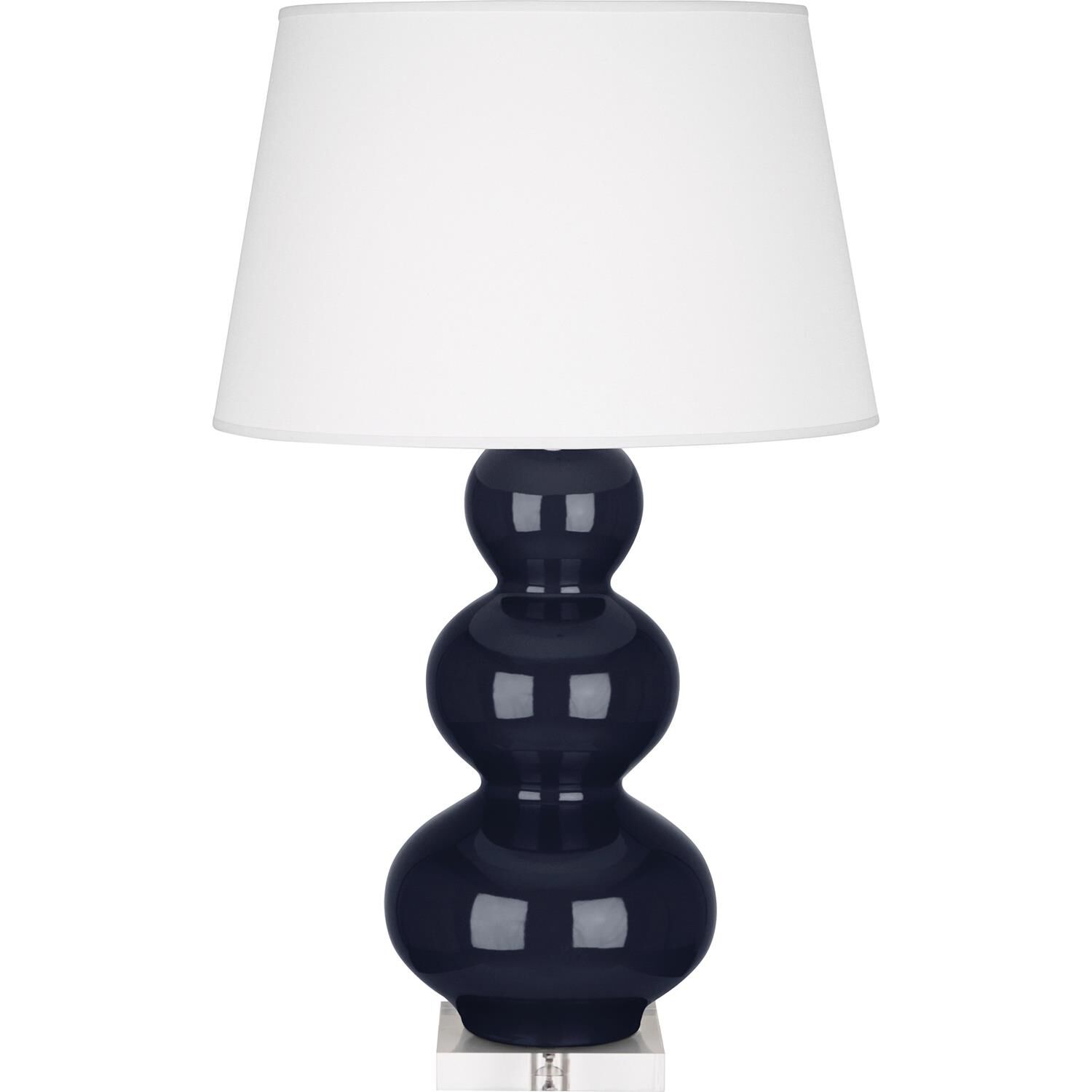 Shown in Midnight Blue Glazed Ceramic With Lucite Base finish and Pearl Dupioni Fabric shade