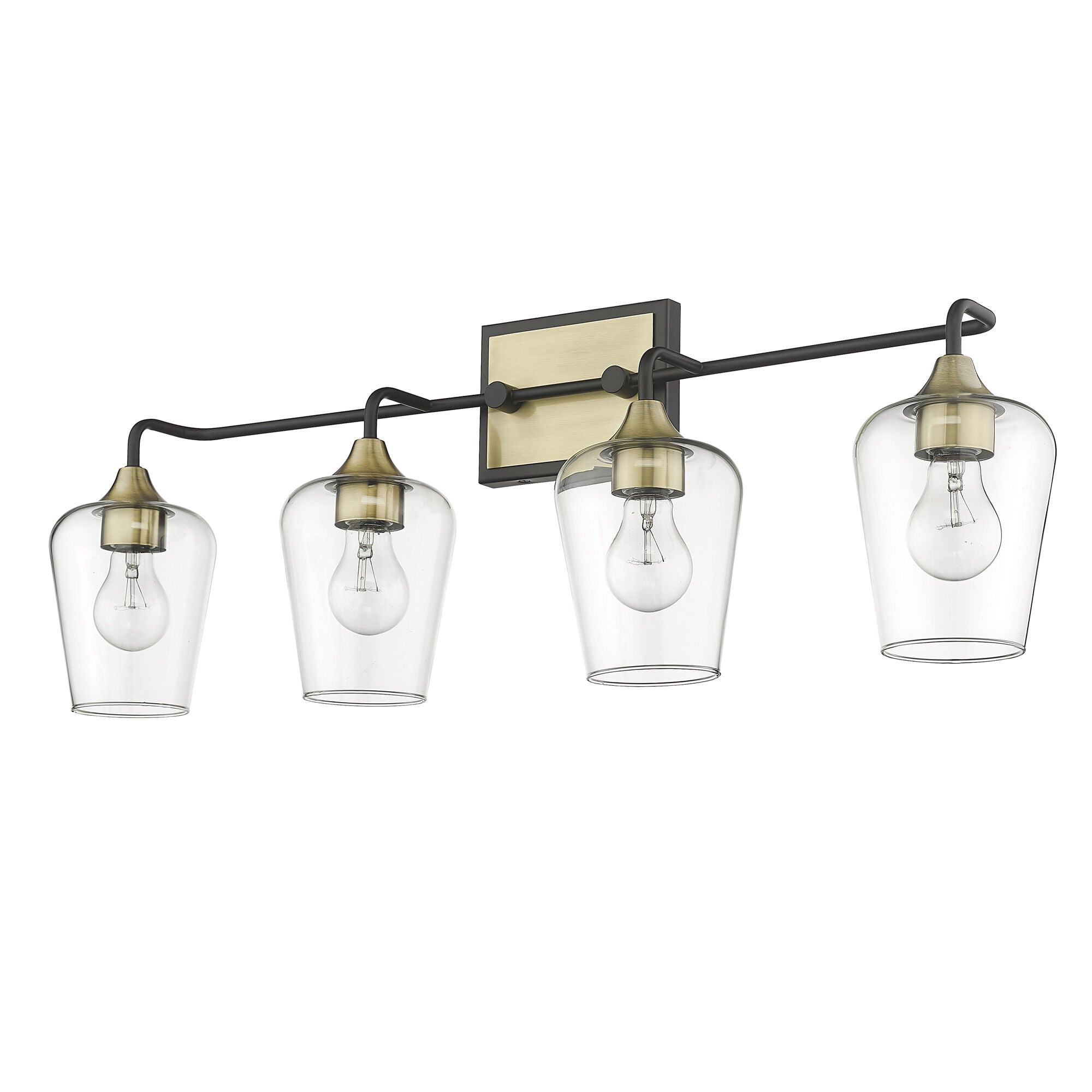 Shown in Antique Brass And Black finish and Clear Glass shade