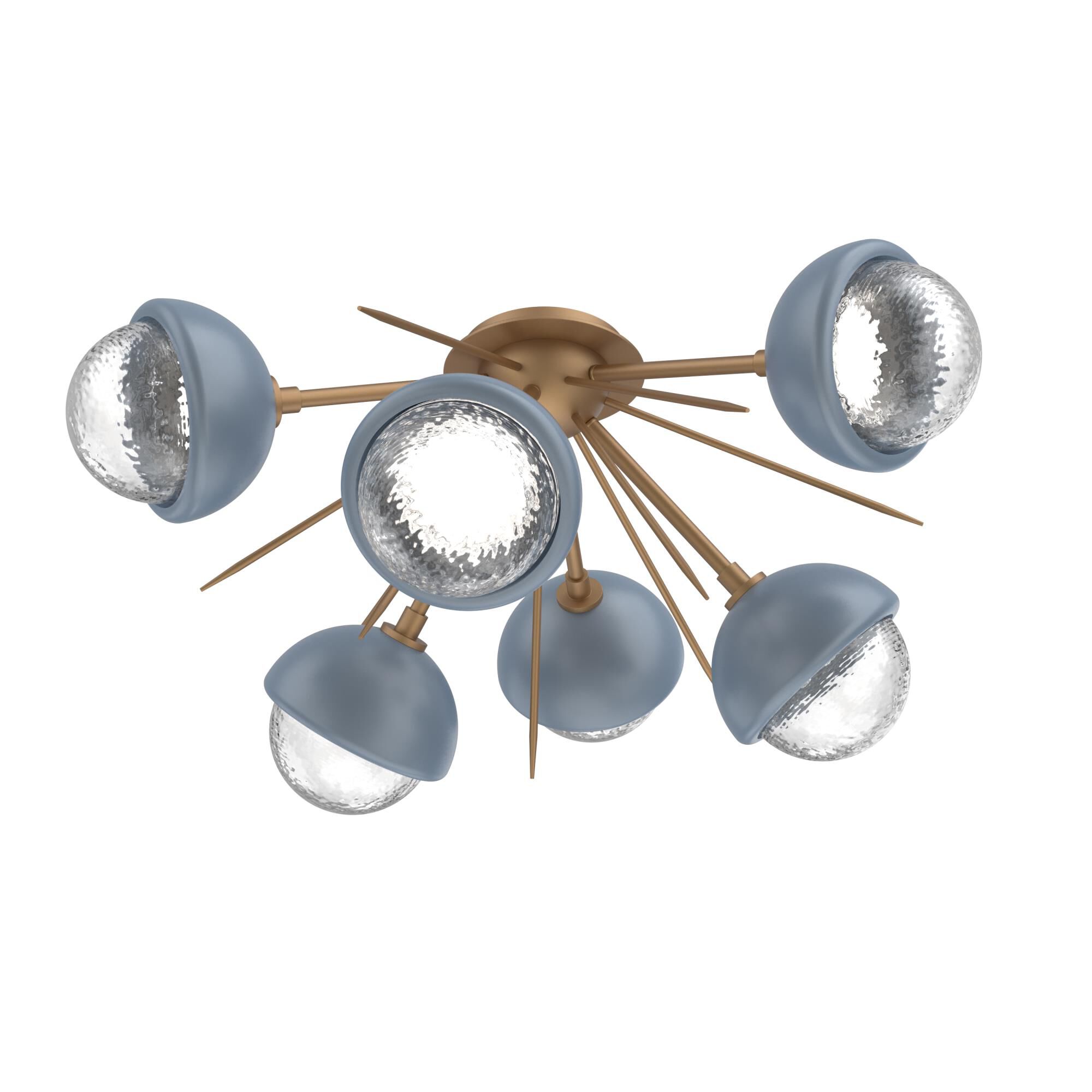 Shown in Novel Brass finish and Clear glass and Poppy Blue accent