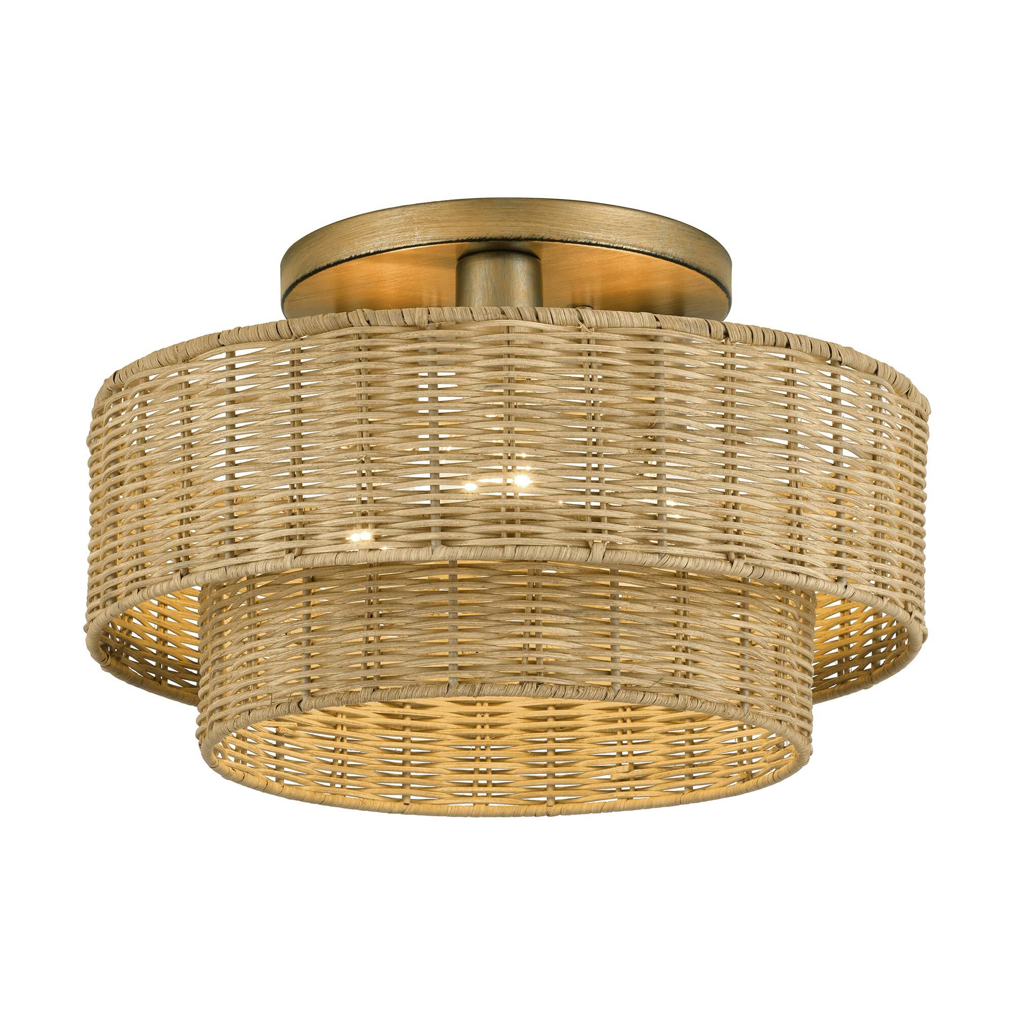 Shown in Antique Gold Leaf finish and Hand-Woven Rustic Walnut Color Rattan shade