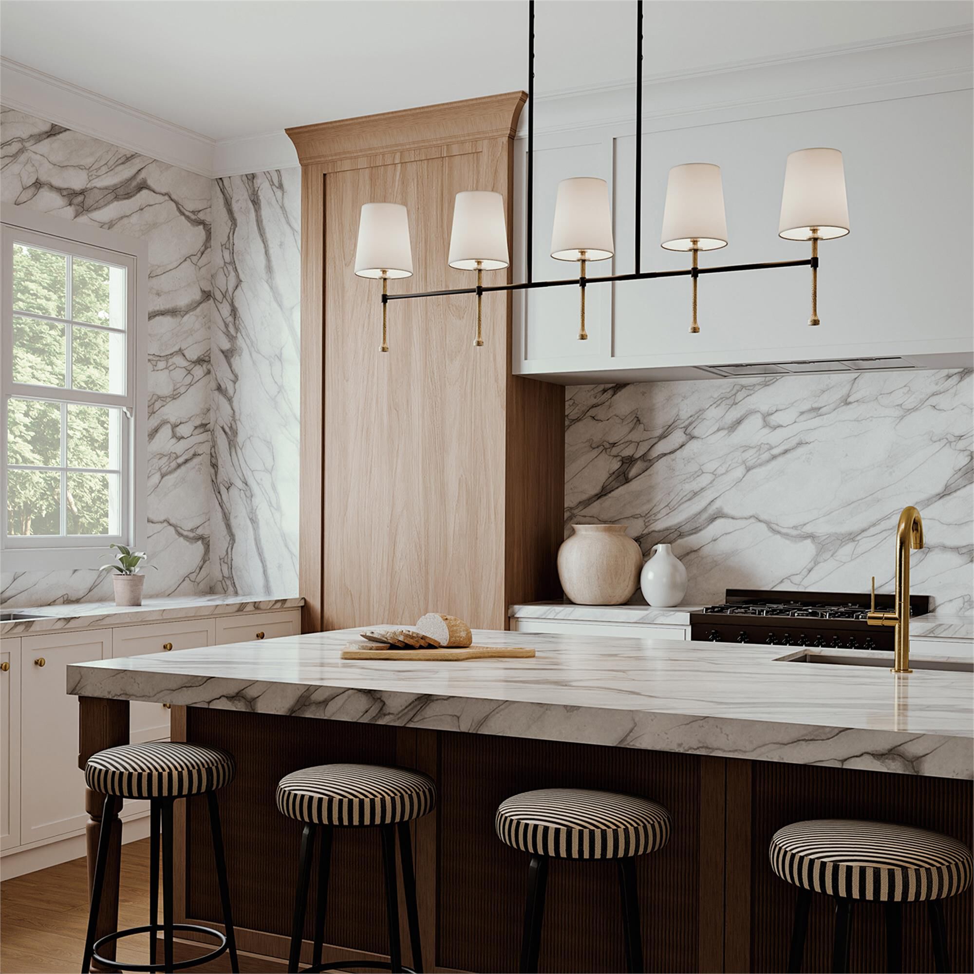 Shown in Matte Black With Hammered Gold finish and White Fabric shade