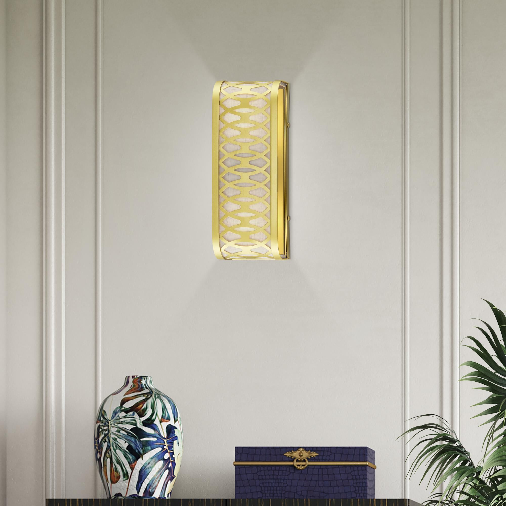 Shown in Soft Gold finish and Hand Crafted Oatmeal Color Hardback shade