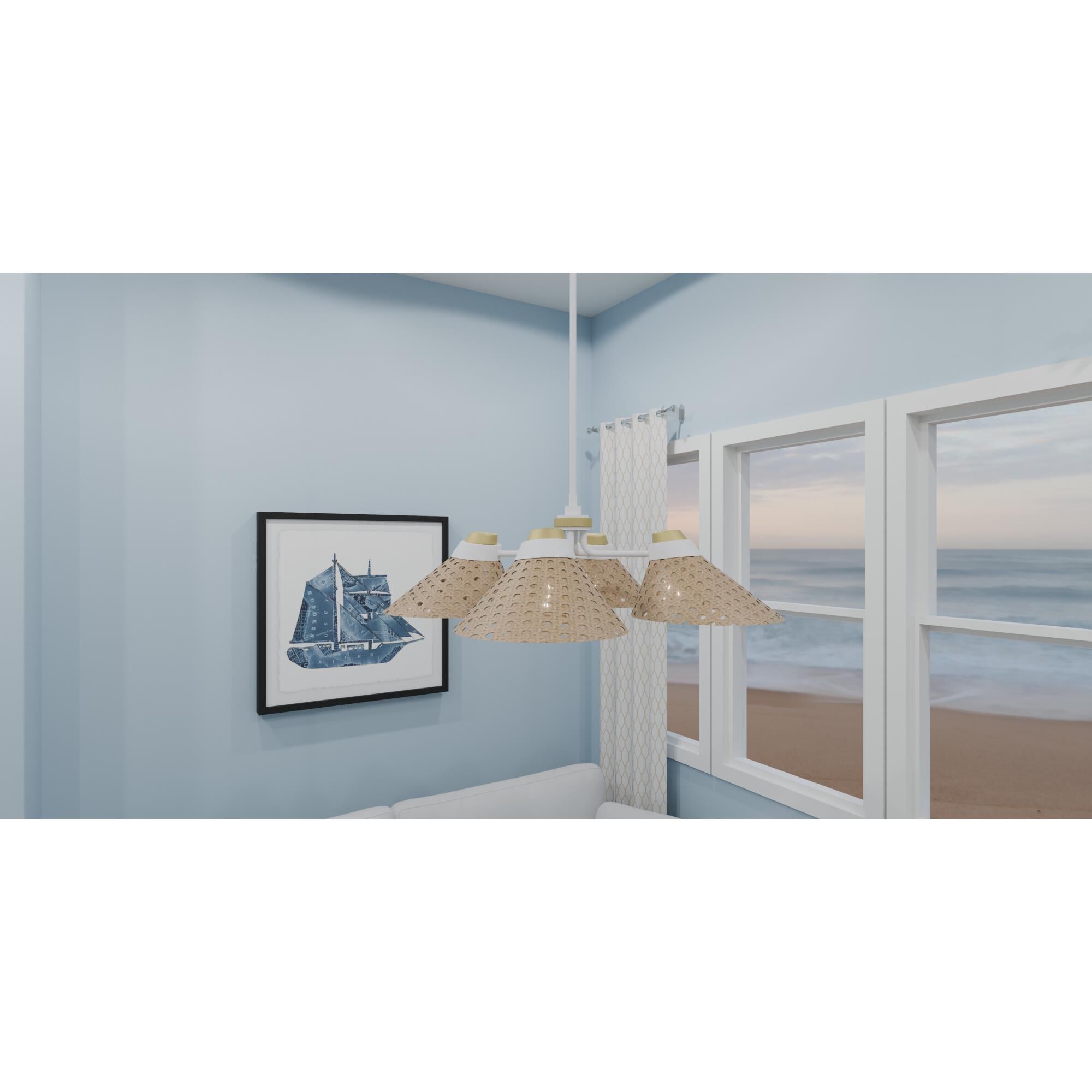 Shown in Matte White finish and Rattan Caning shade