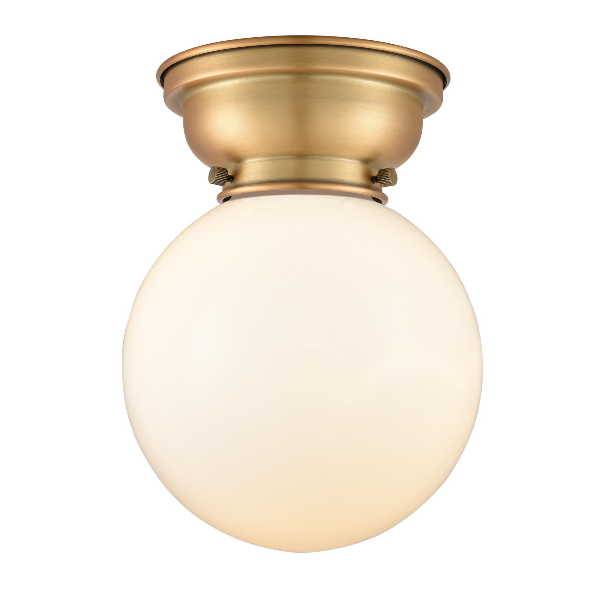 Shown in Brushed Brass finish and Matte White Cased Beacon glass
