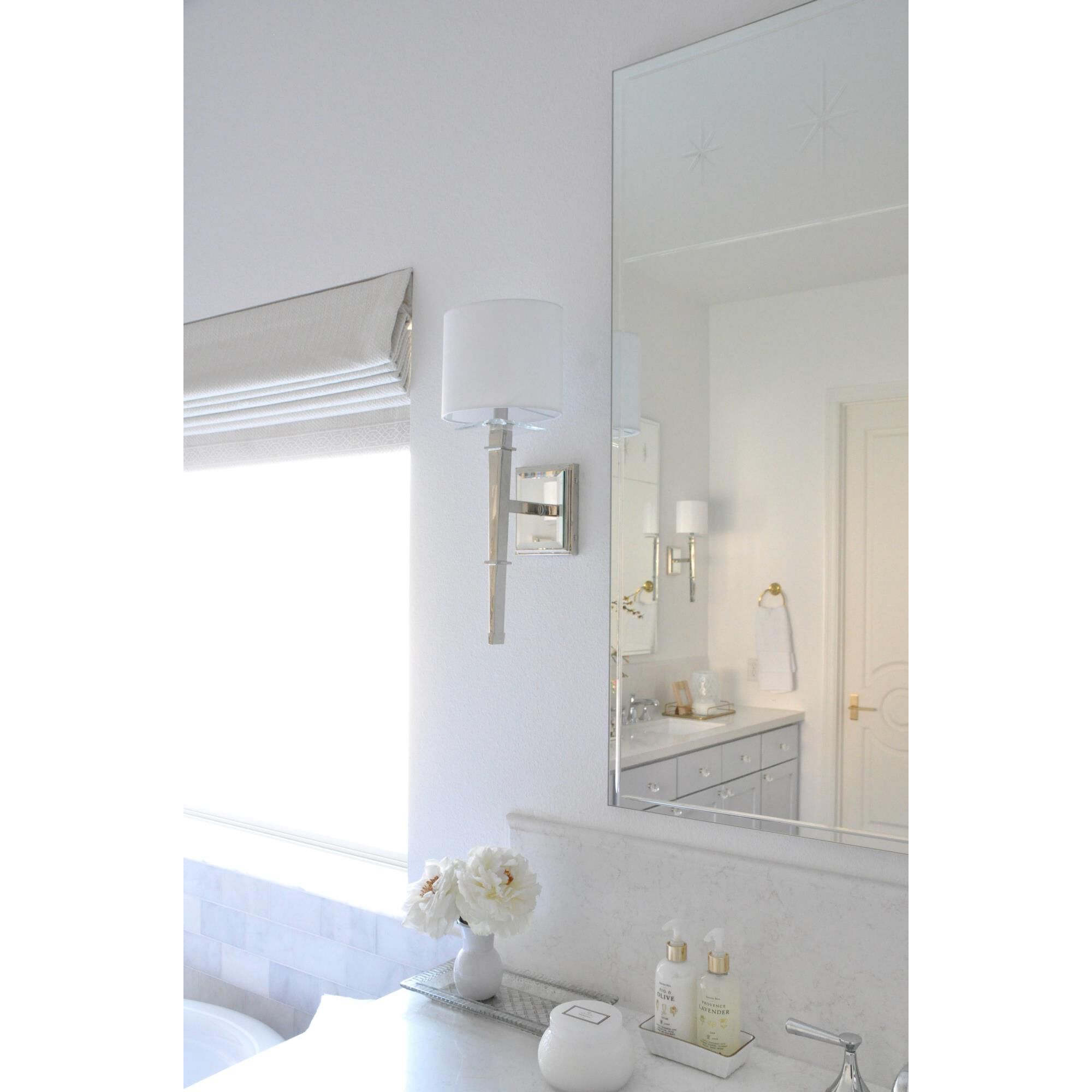 Shown in Polished Nickel finish and Optical Glass Elements crystal and White Silk glass and White Silk shade