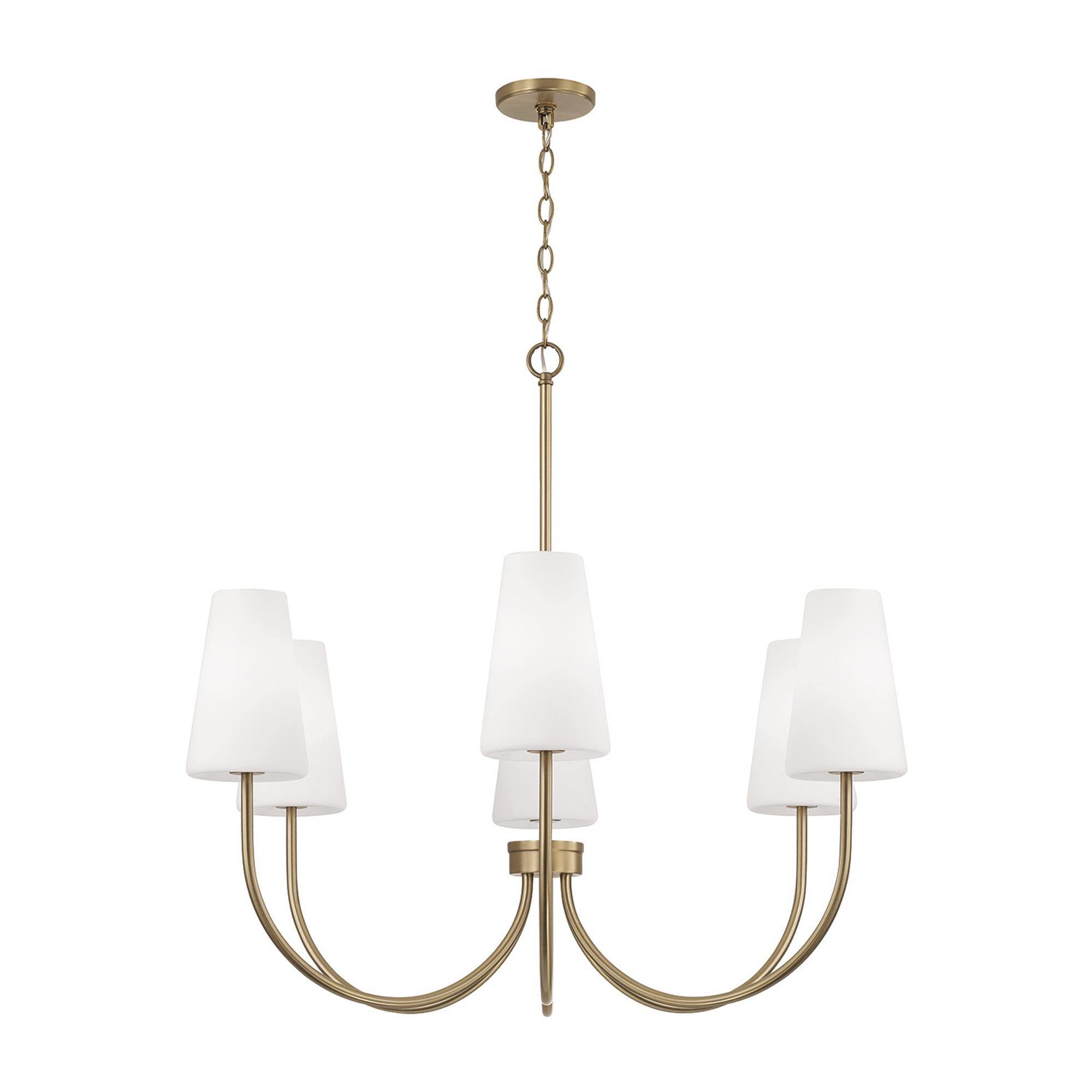 Shown in Aged Brass finish and Soft White glass