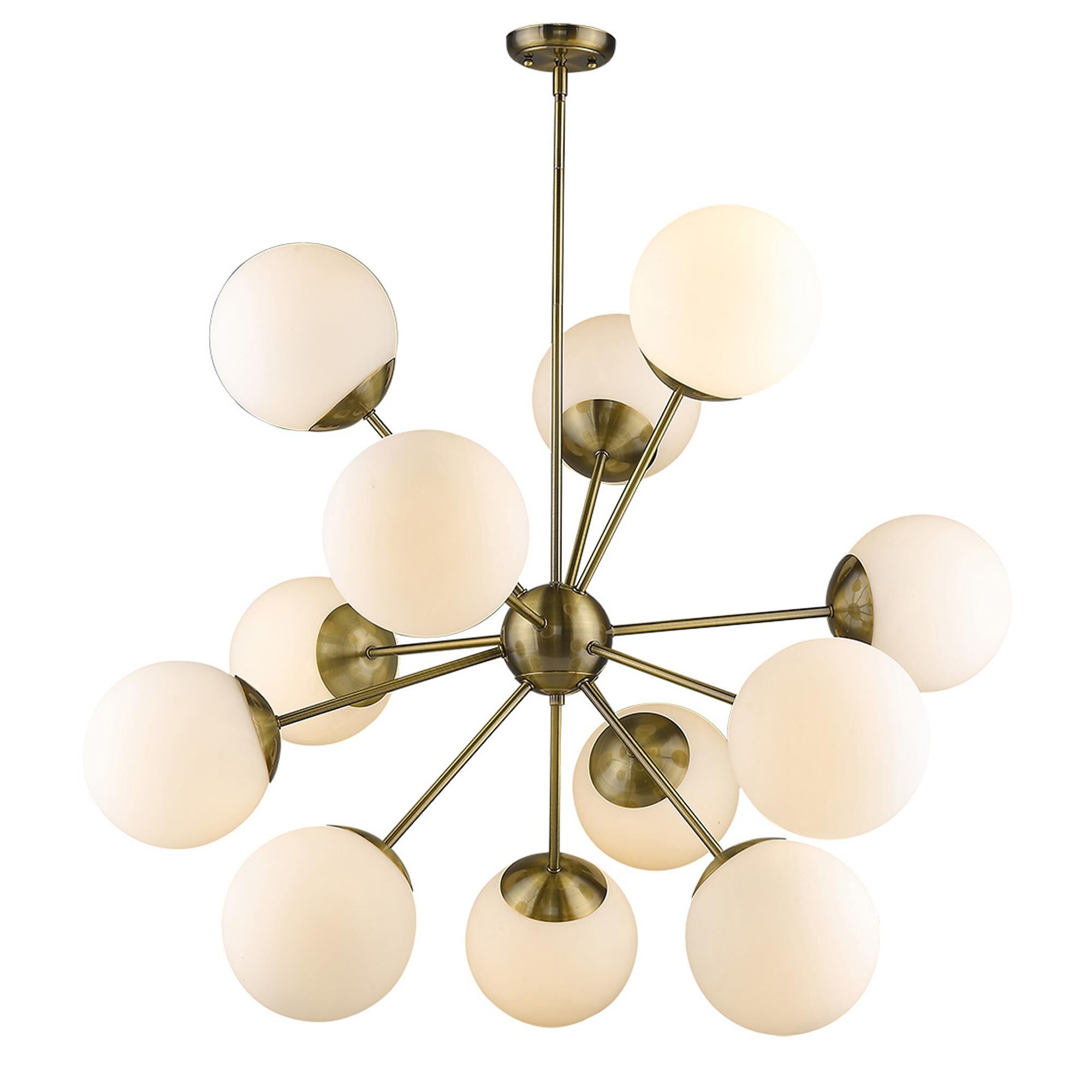 Shown in Antique Brass finish and Opal glass and Opal Glass Globes shade