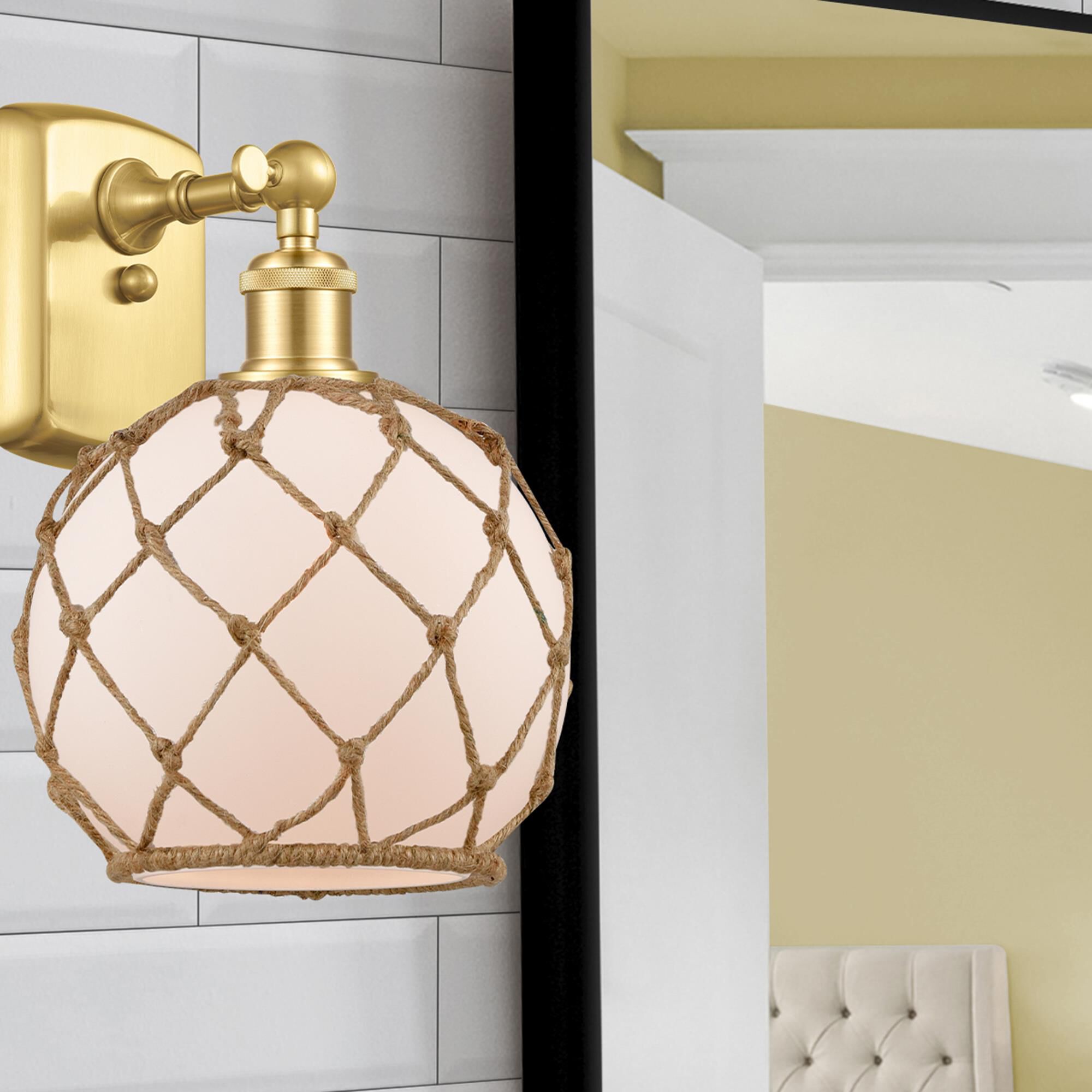 Shown in Satin Gold finish and White Farmhousewith Brown Rope glass