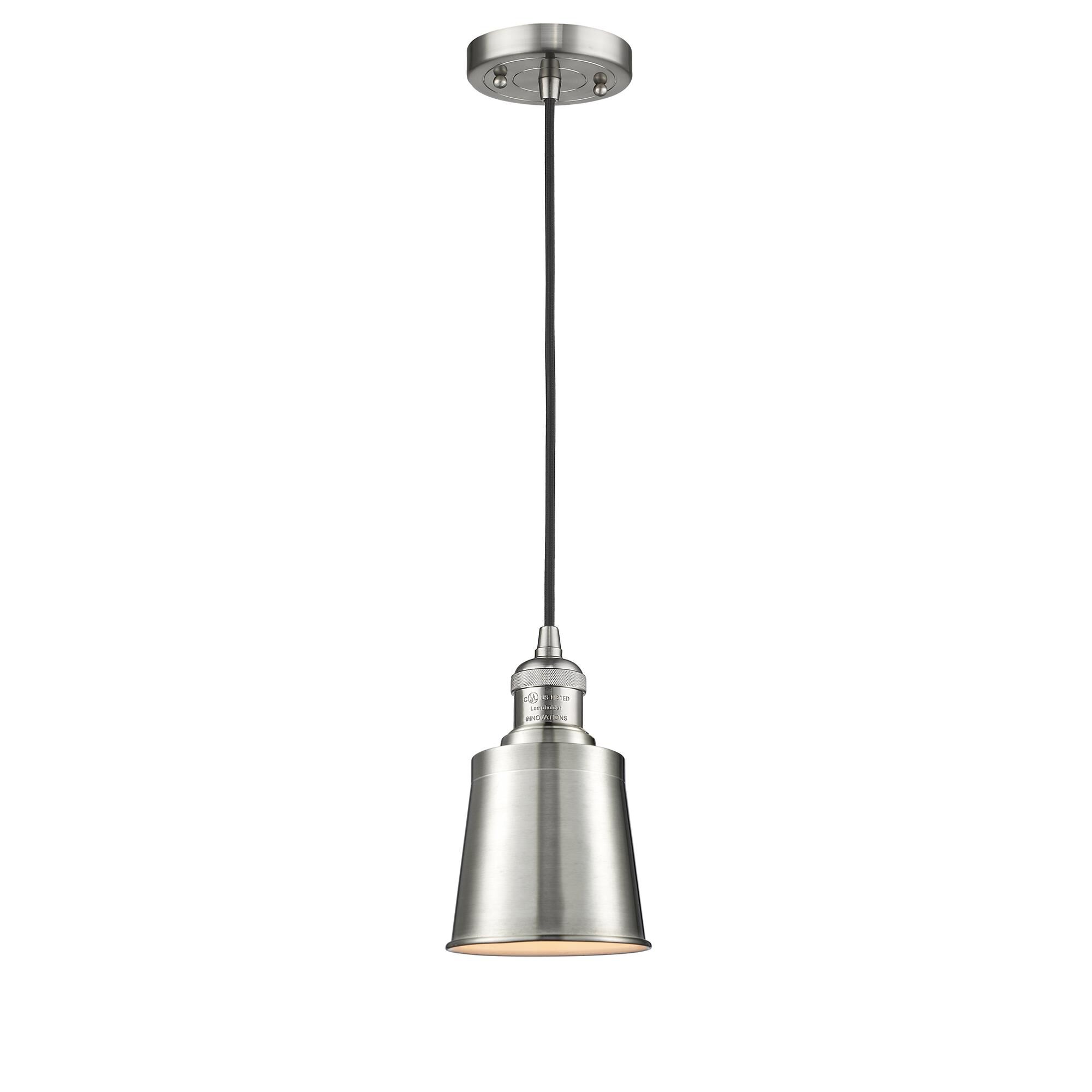 Shown in Brushed Satin Nickel finish and Brushed Satin Nickel glass and Brushed Satin Nickel shade and Black Textured Cord accent