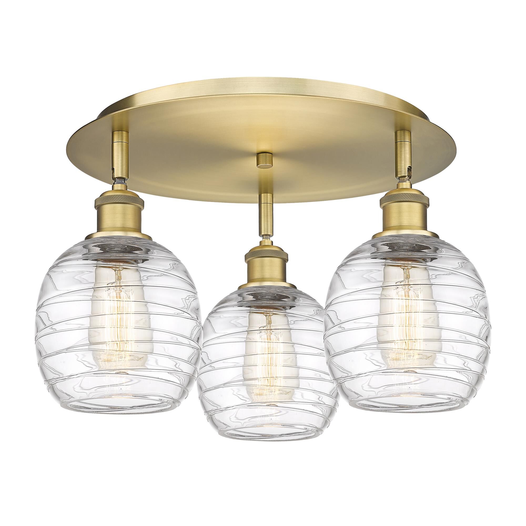 Shown in Brushed Brass finish and Deco Swirl glass