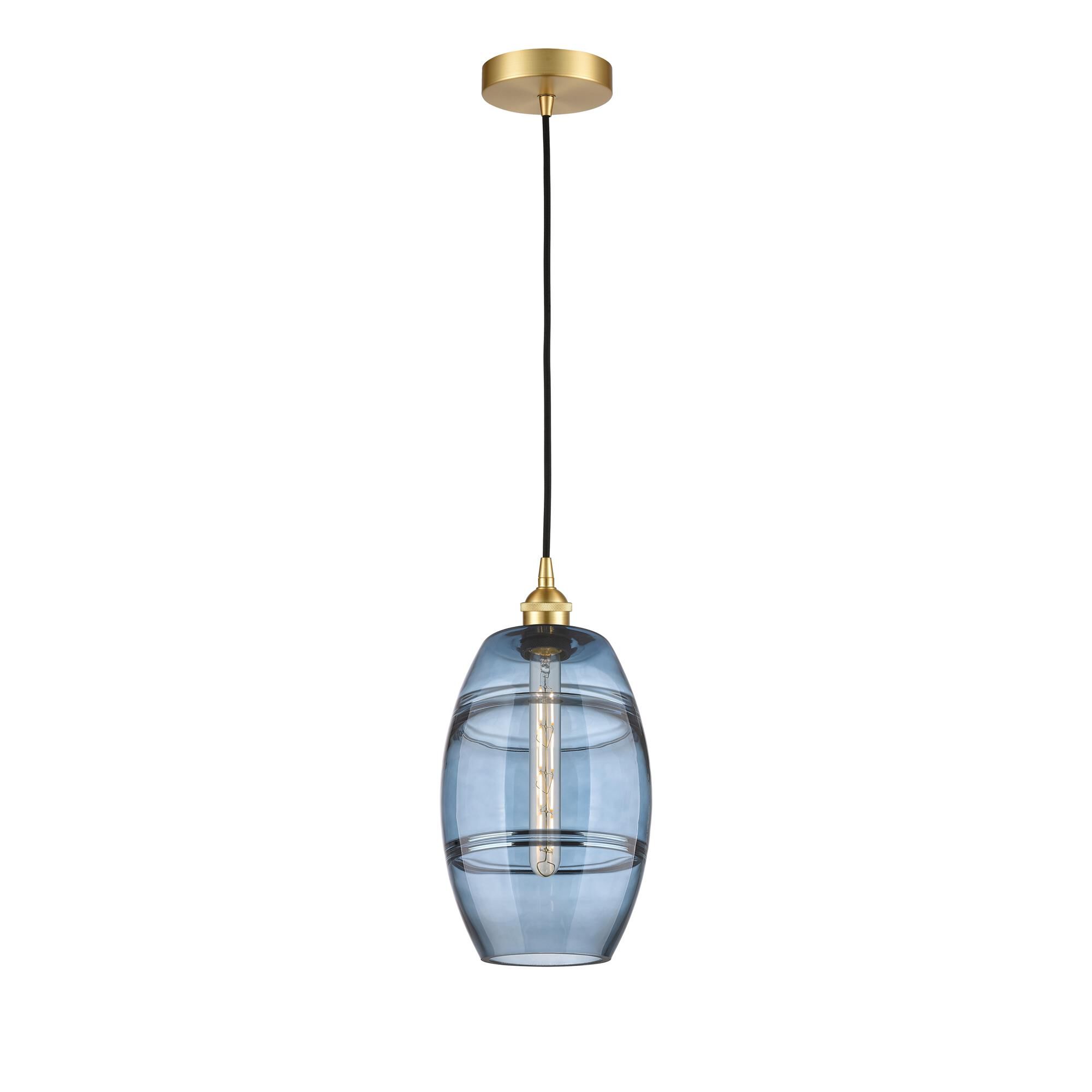 Shown in Satin Gold finish and Princess Blue glass