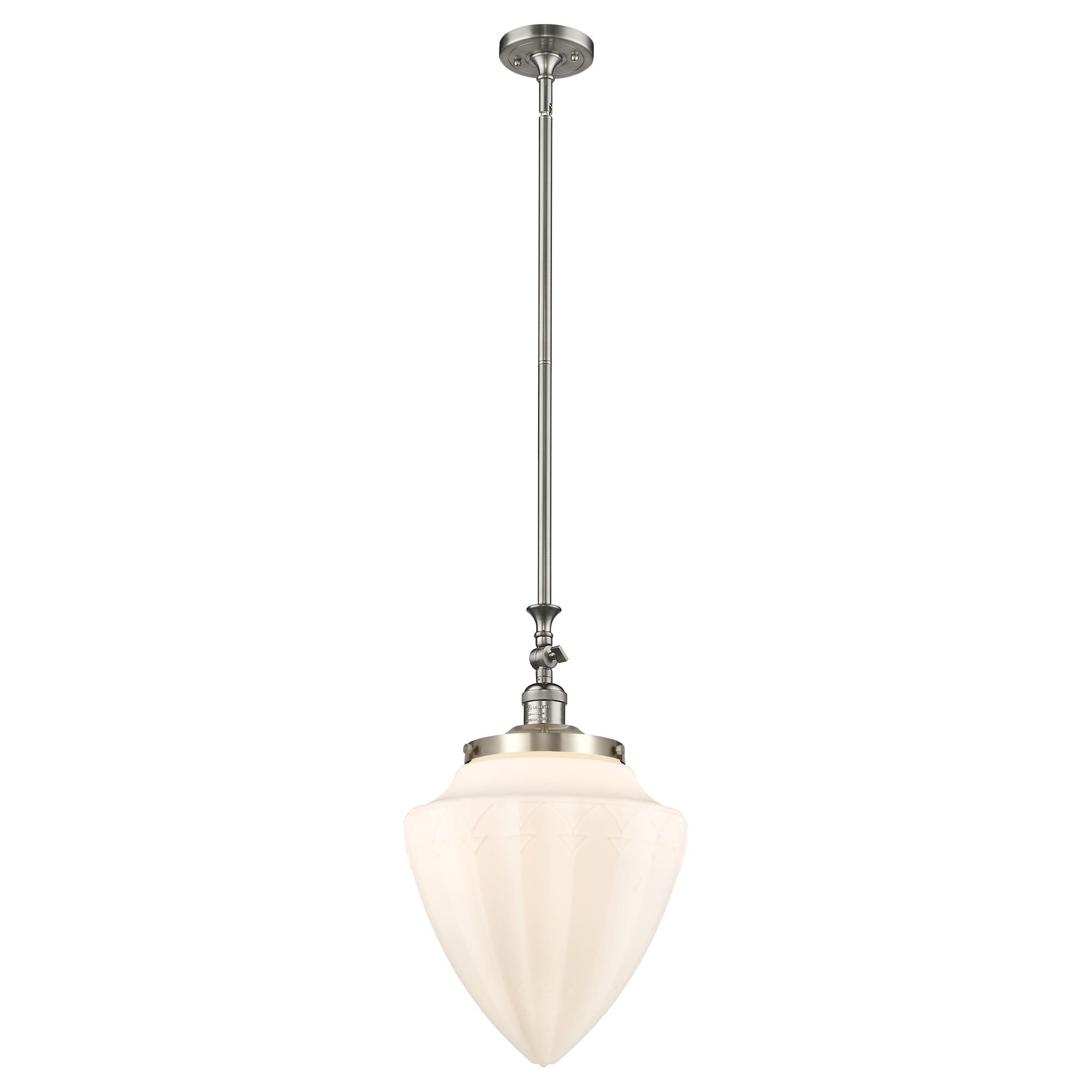 Shown in Brushed Satin Nickel finish and Matte White glass