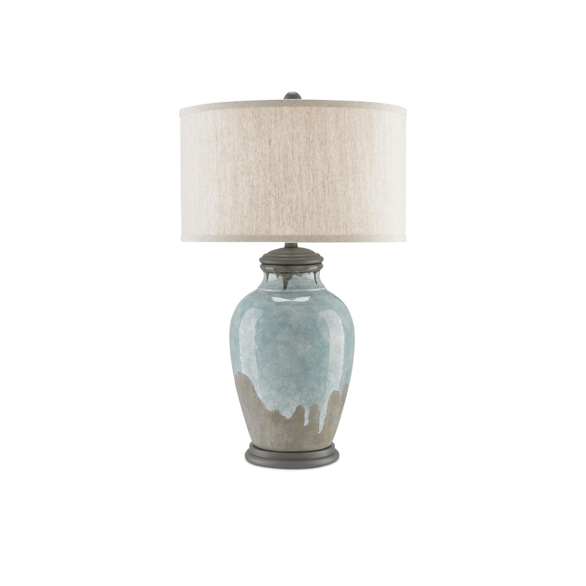 Shown in Blue-Green-Gray-Hiroshi Gray finish and Oatmeal Linen shade