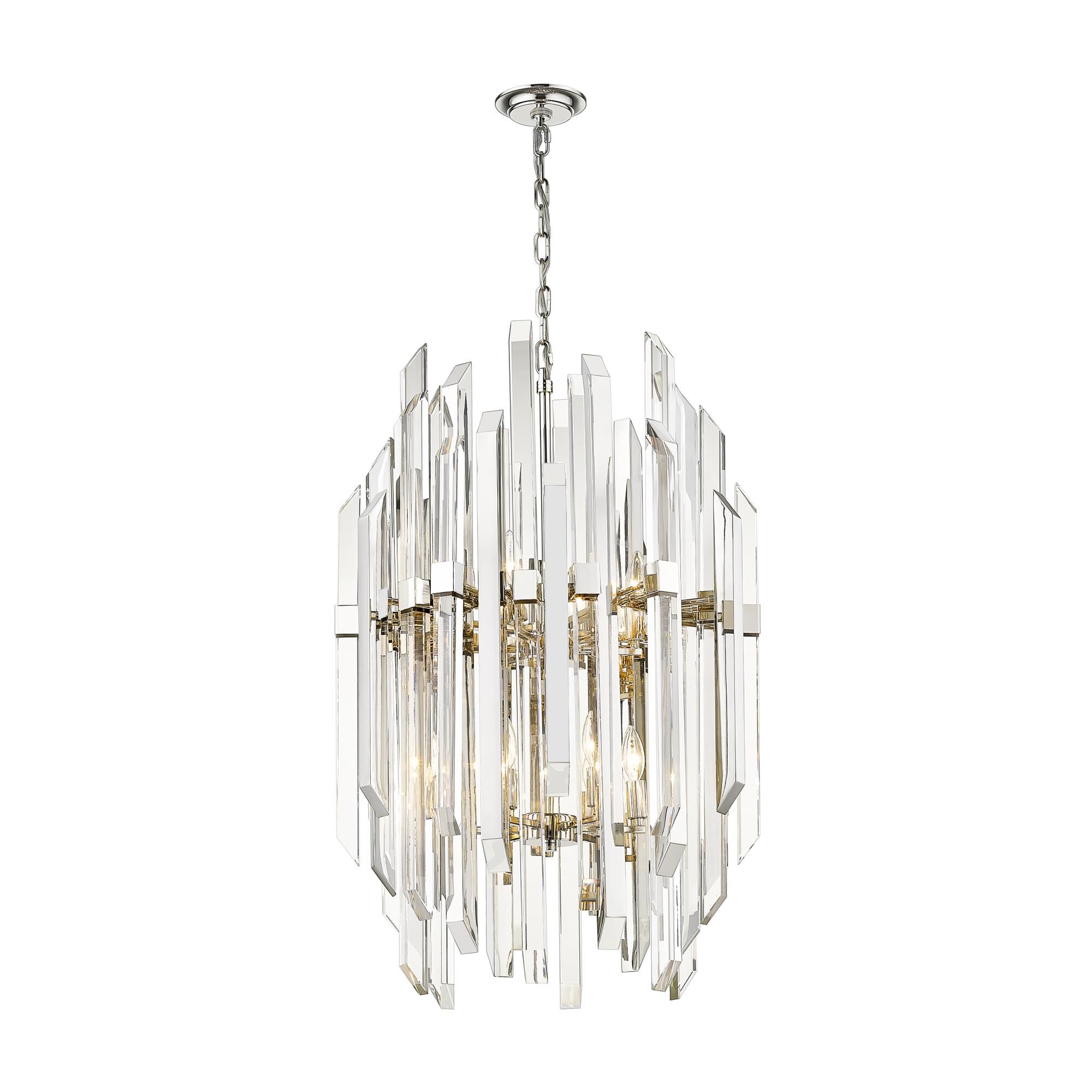 Shown in Polished Nickel finish and Crystal glass and Crystal shade