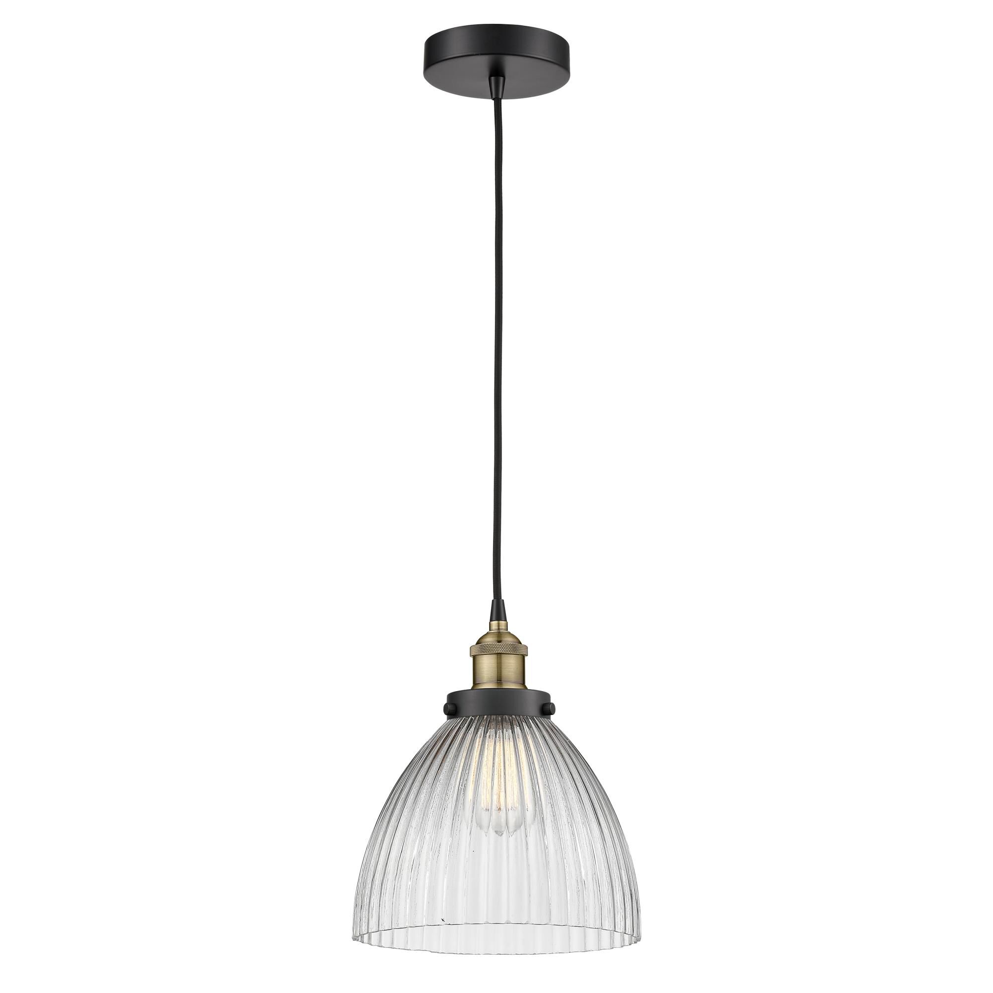 Shown in Black Antique Brass finish and Clear Halophane glass