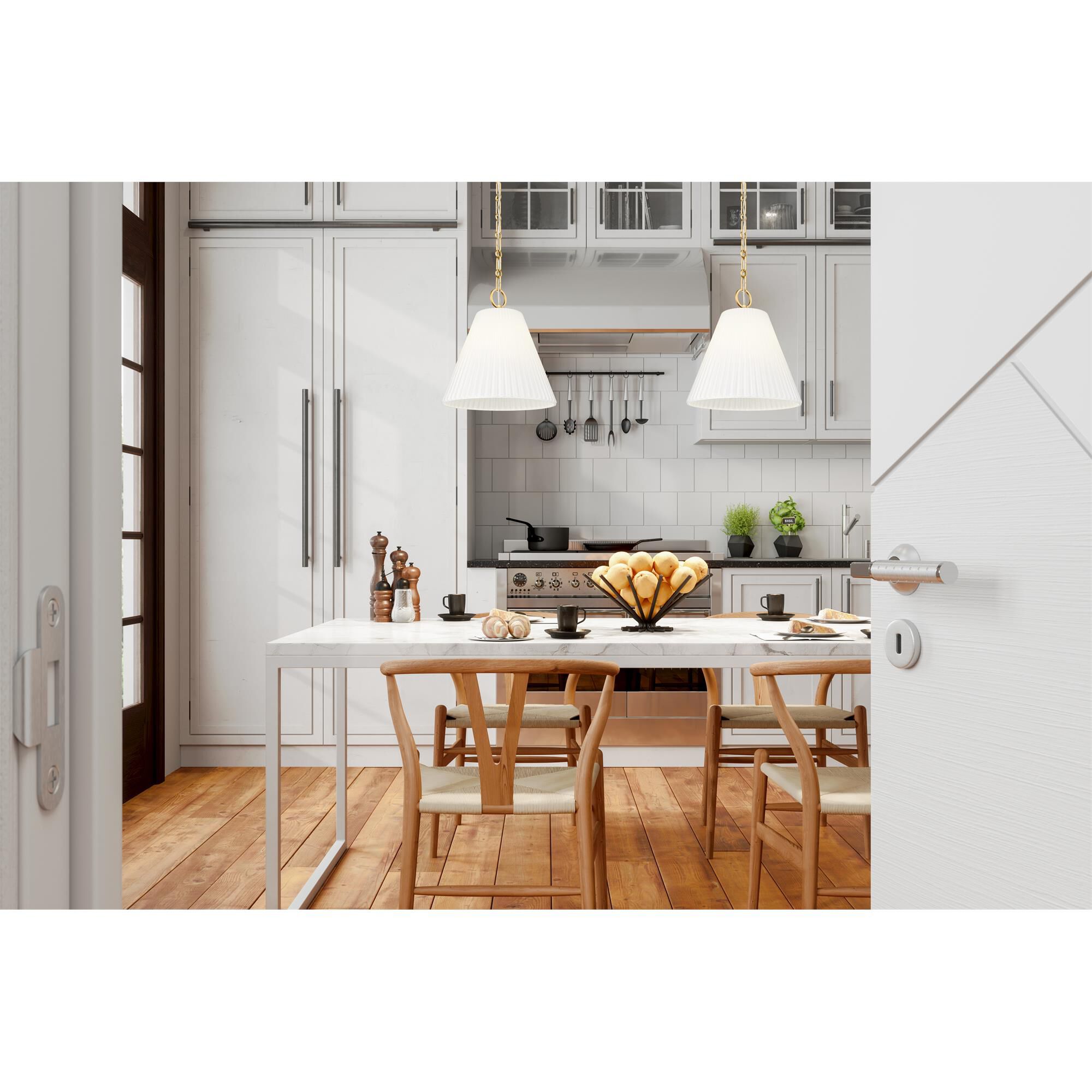 Shown in Modern Gold finish and White glass and White shade