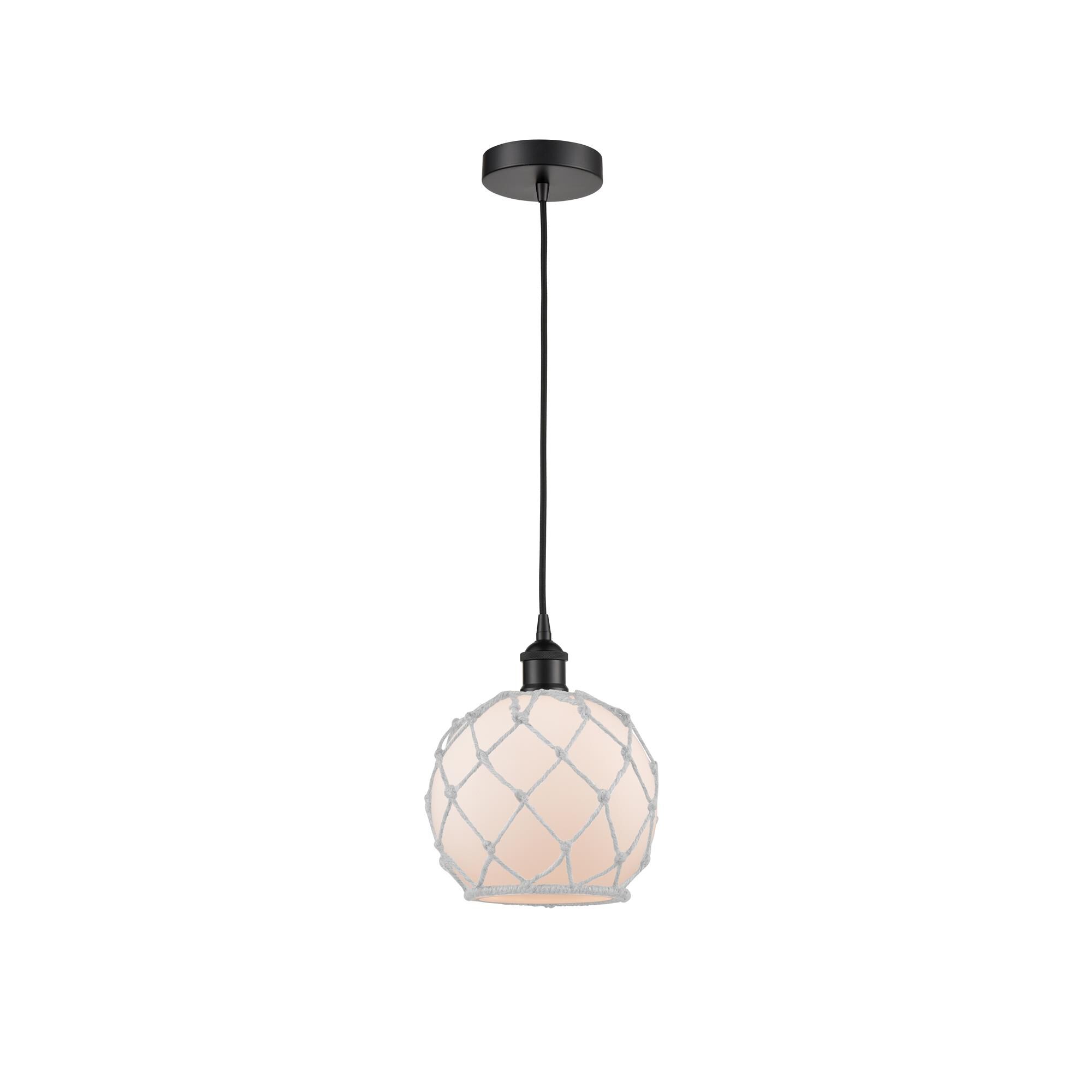 Shown in Matte Black finish and White Farmhouse With White Rope glass