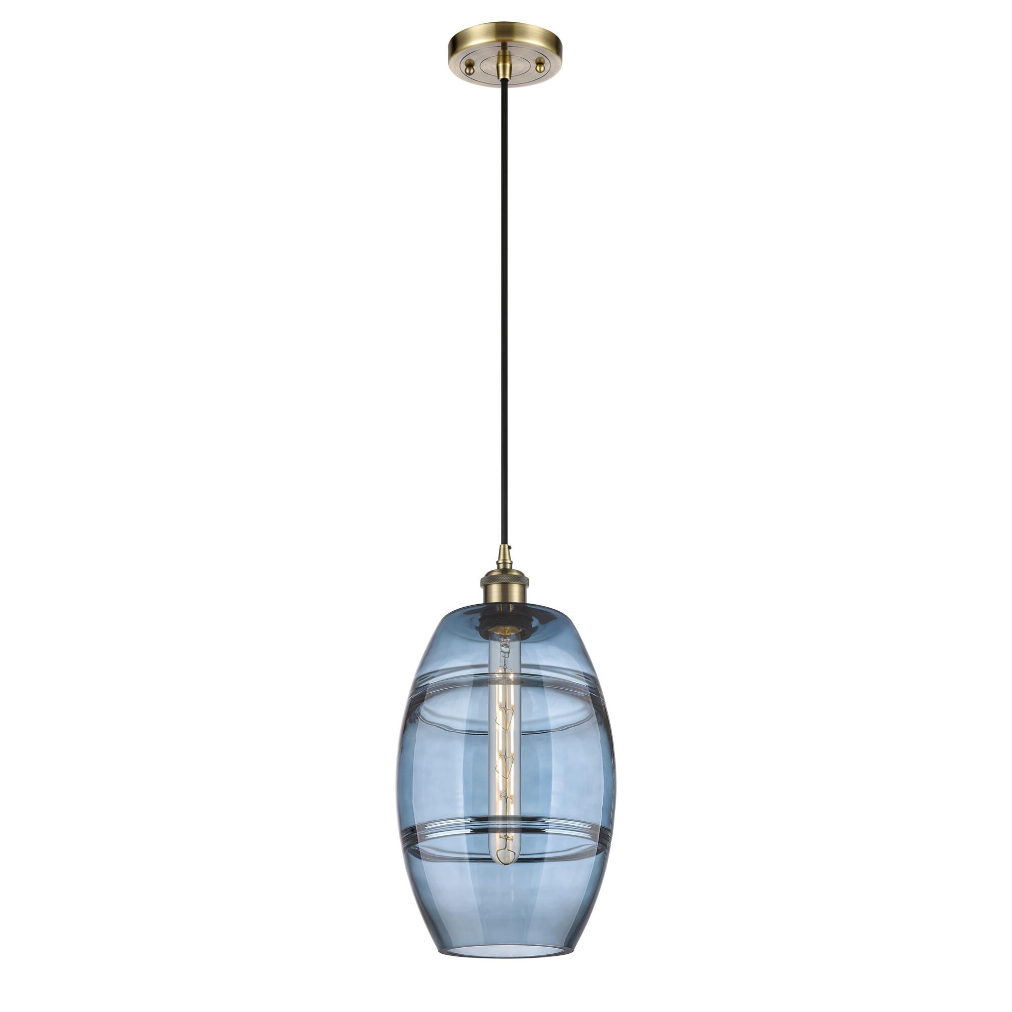 Shown in Antique Brass finish and Princess Blue glass