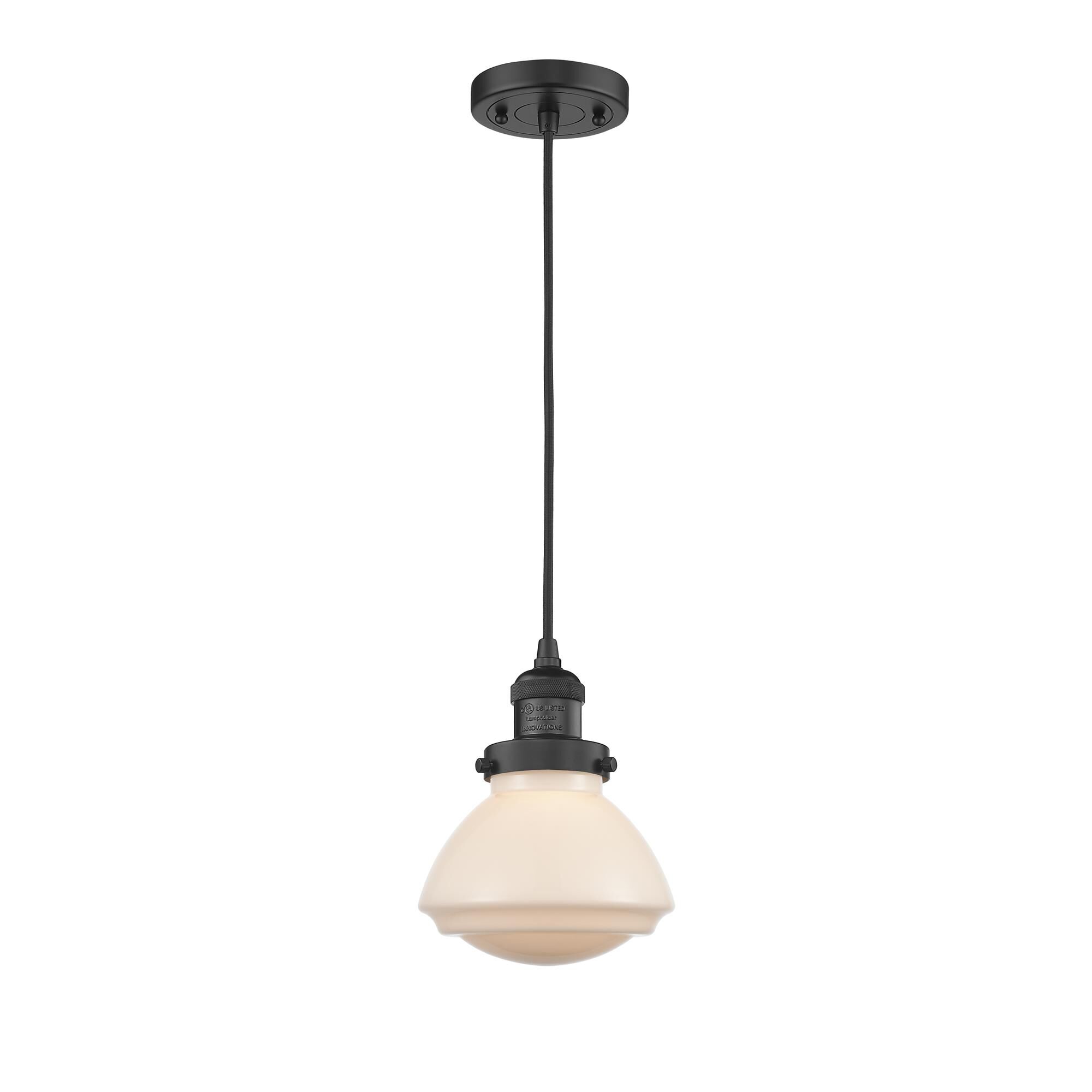 Shown in Matte Black finish and Frosted Matte White Olean glass and Bulb Tint - Clear accent