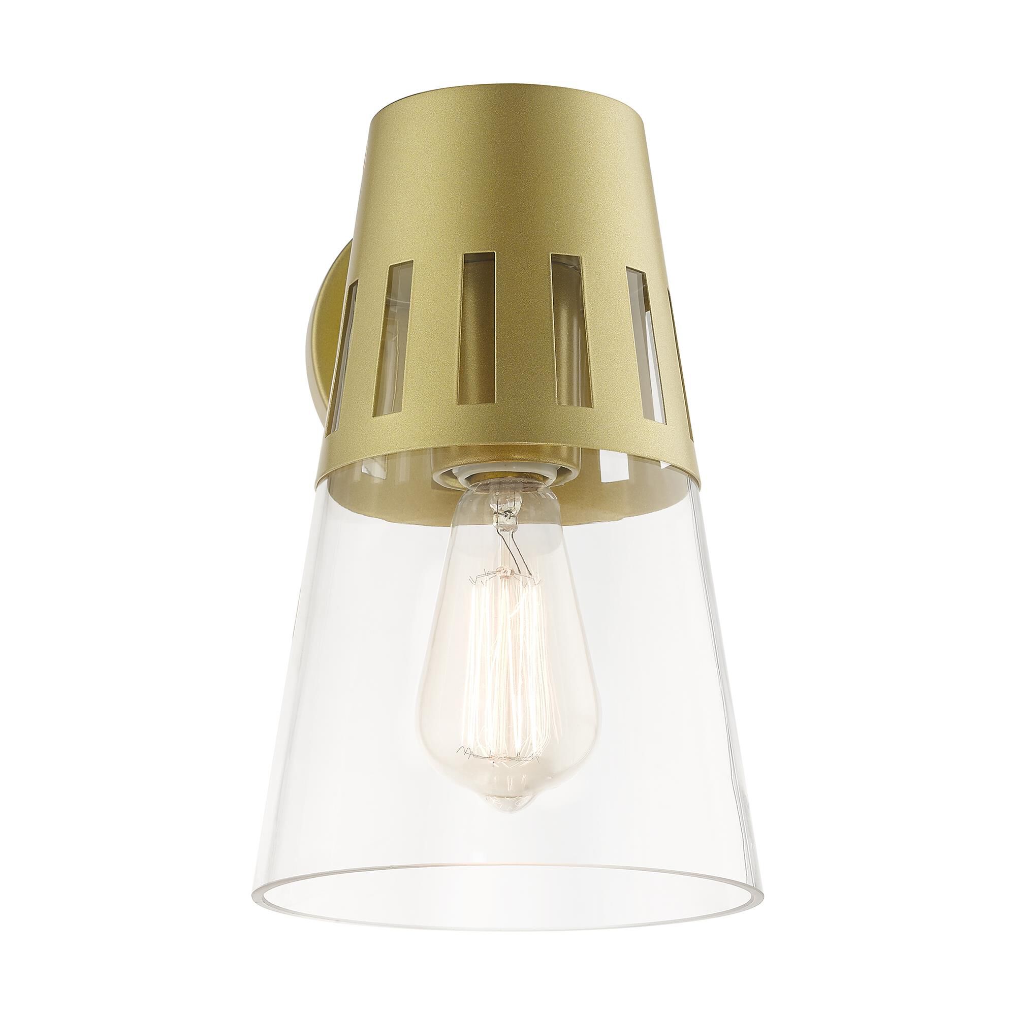 Shown in Soft Gold finish and Hand Blown Clear  glass