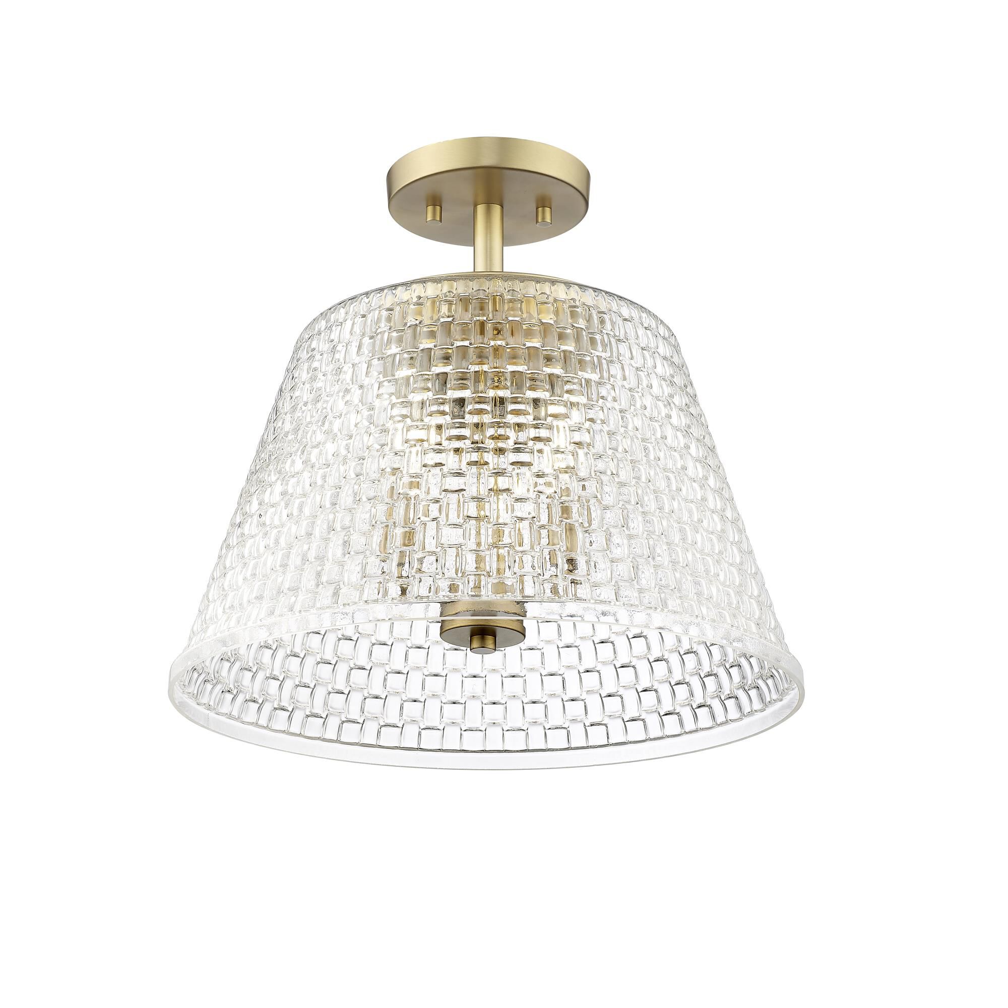 Shown in Vintage Brass finish and Clear Woven Lattice glass