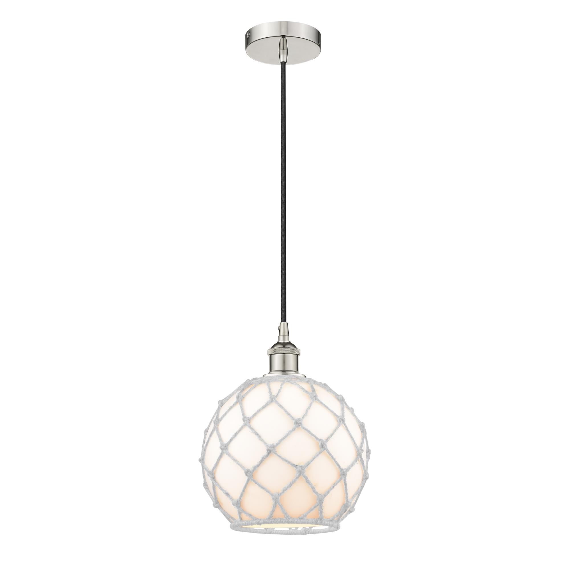 Shown in Polished Nickel finish and White Large Farmhouse With White Rope glass