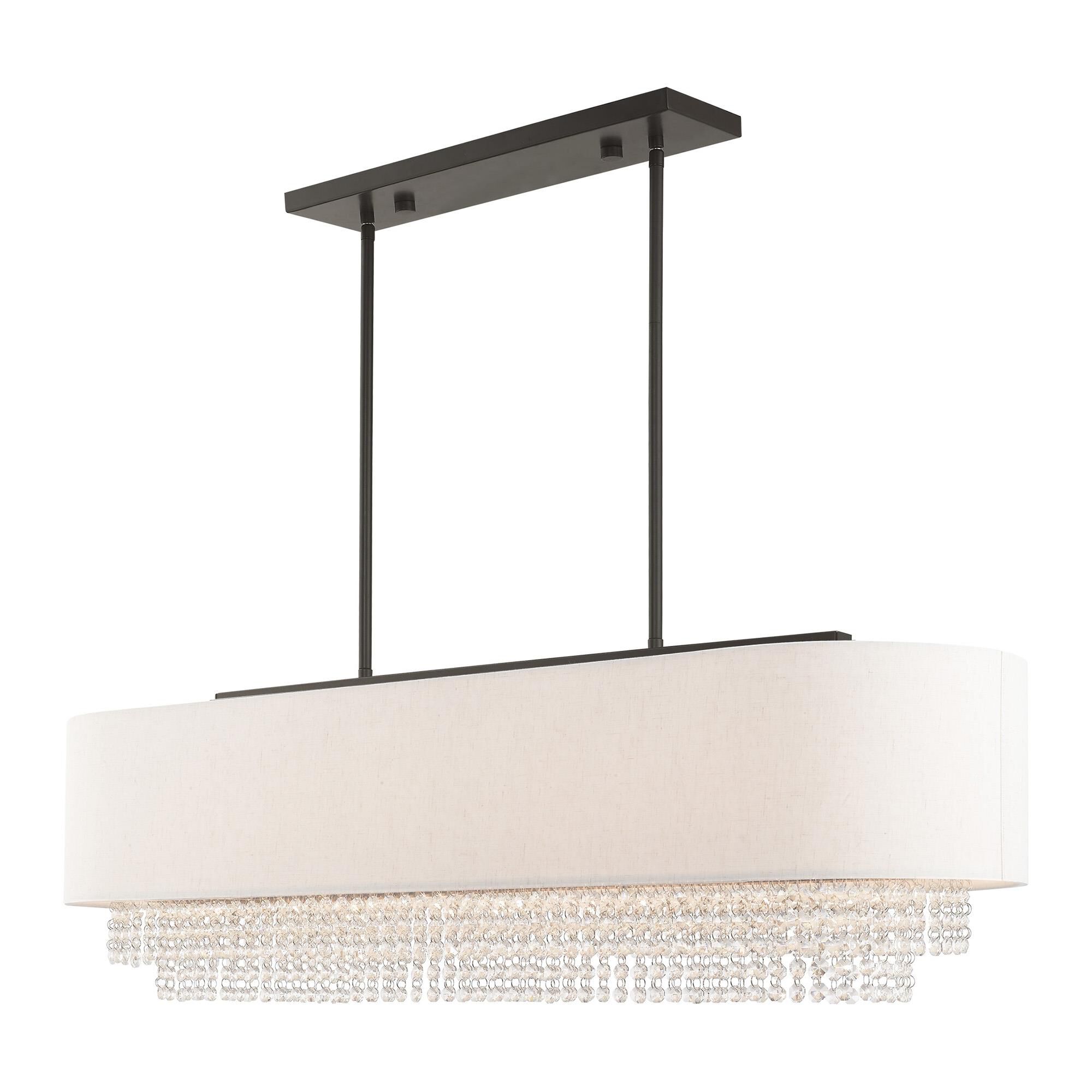 Shown in English Bronze finish and Clear Crystals with Hand Crafted Oatmeal Fabric Hardback shade
