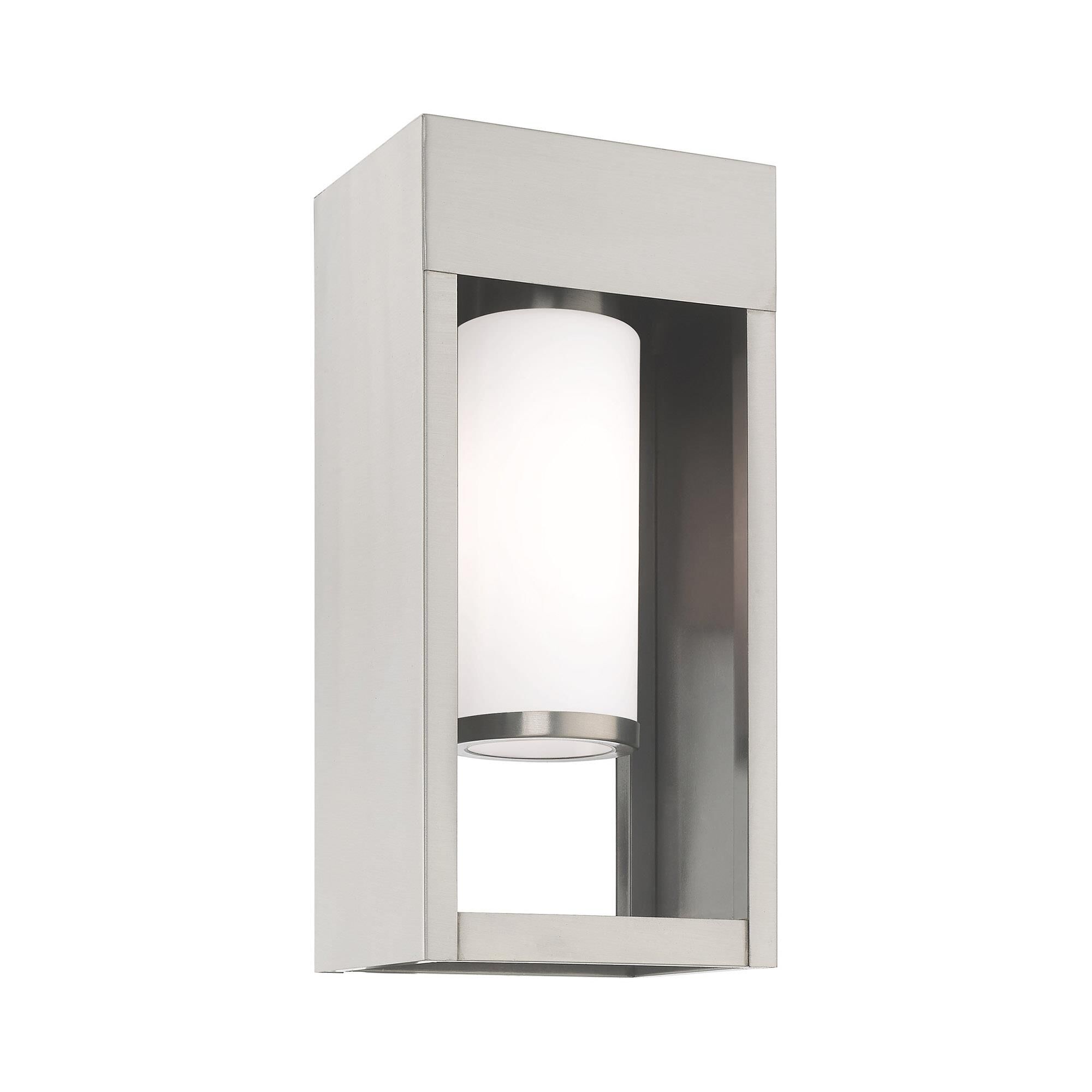 Shown in Brushed Nickel finish and Hand Blown Satin Opal White Cylinder glass