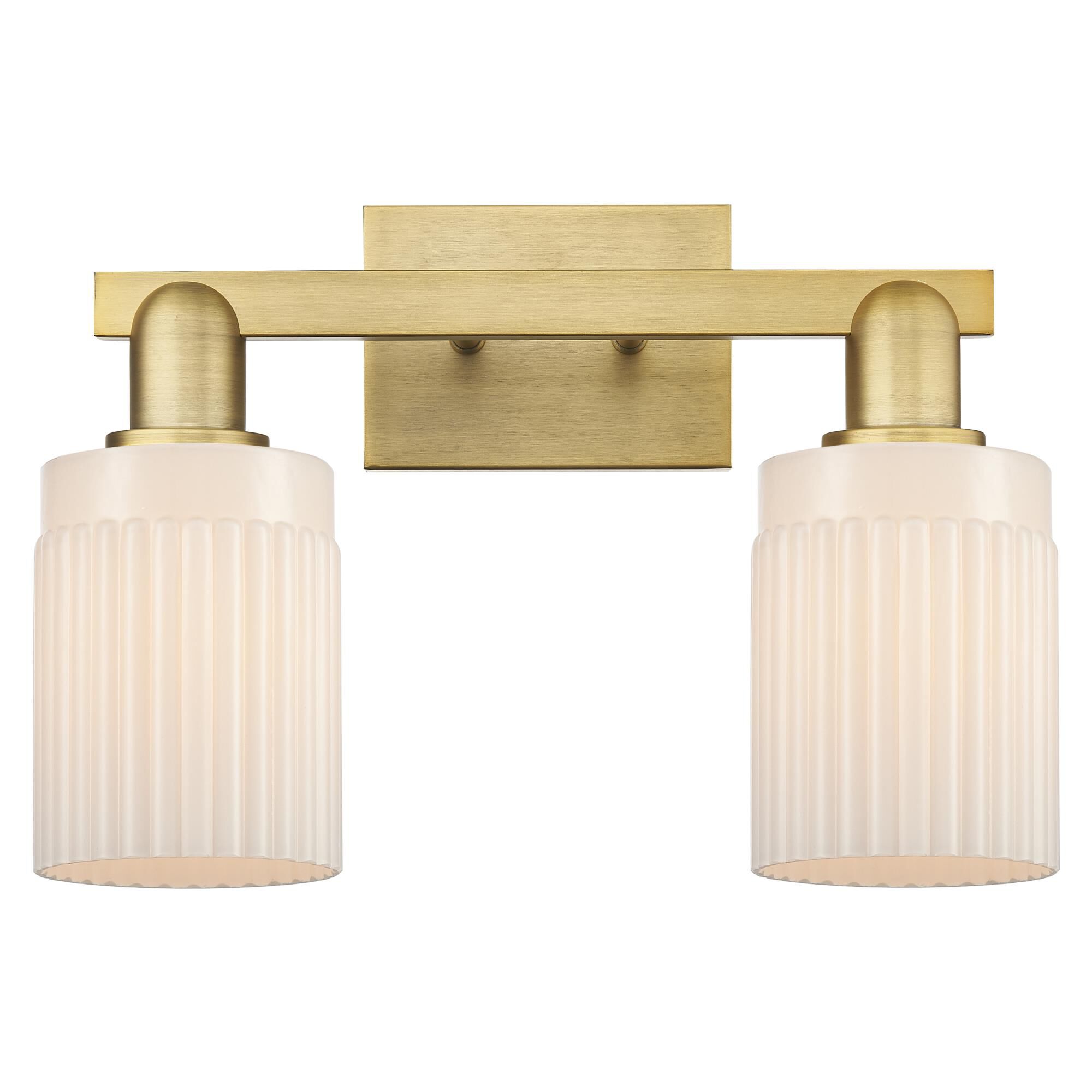 Shown in Brushed Brass finish and Matte White glass