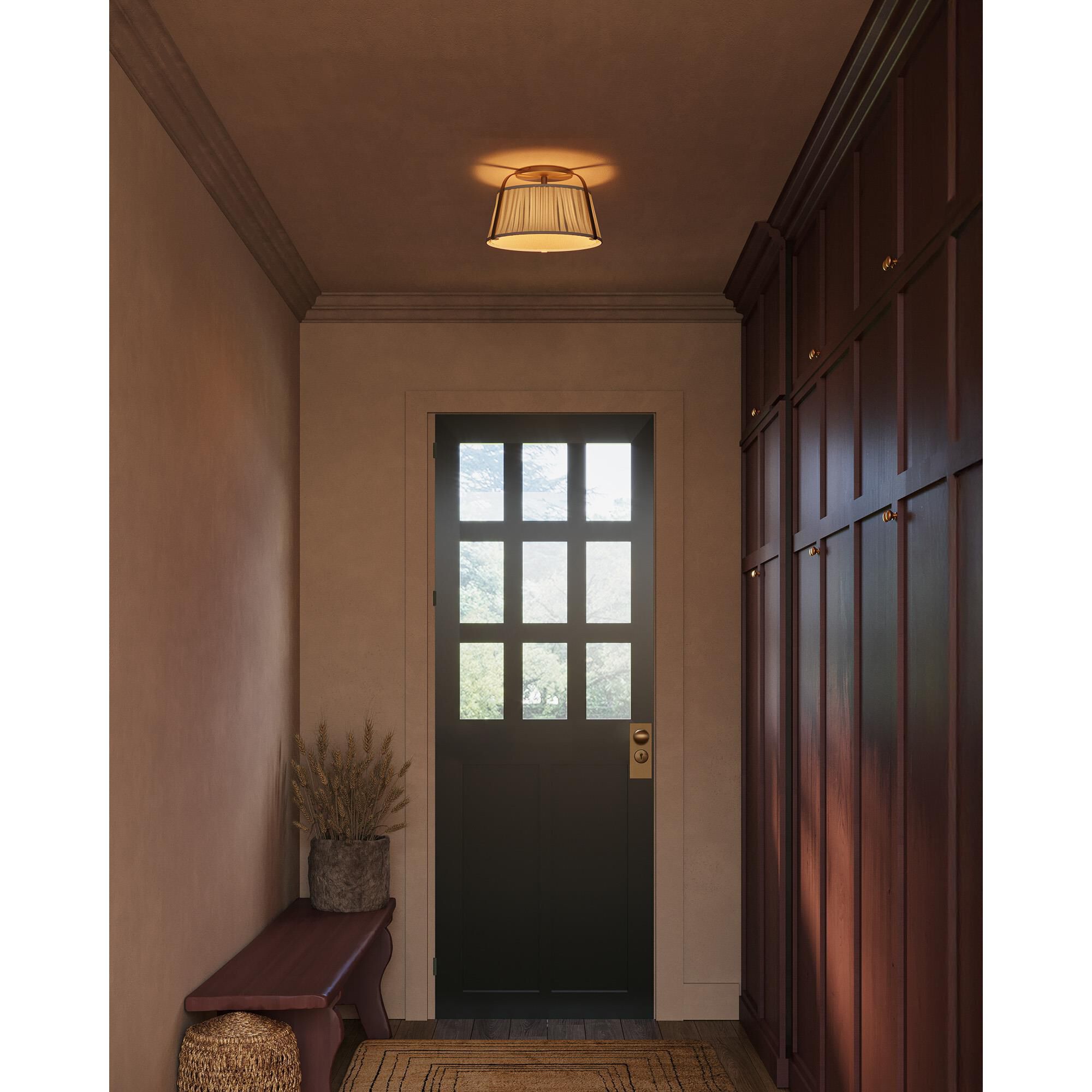 Shown in Brushed Gold finish and Frosted Polycarbonate Diffuser glass and White Linen shade