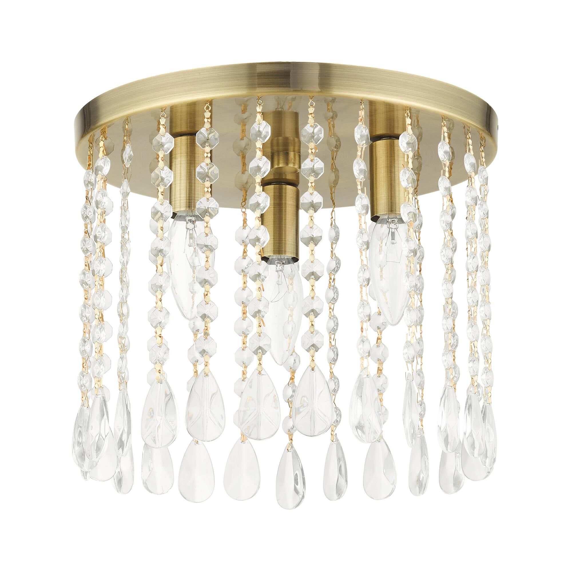 Shown in Antique Brass finish and Hand Assembled Crystal Shade glass