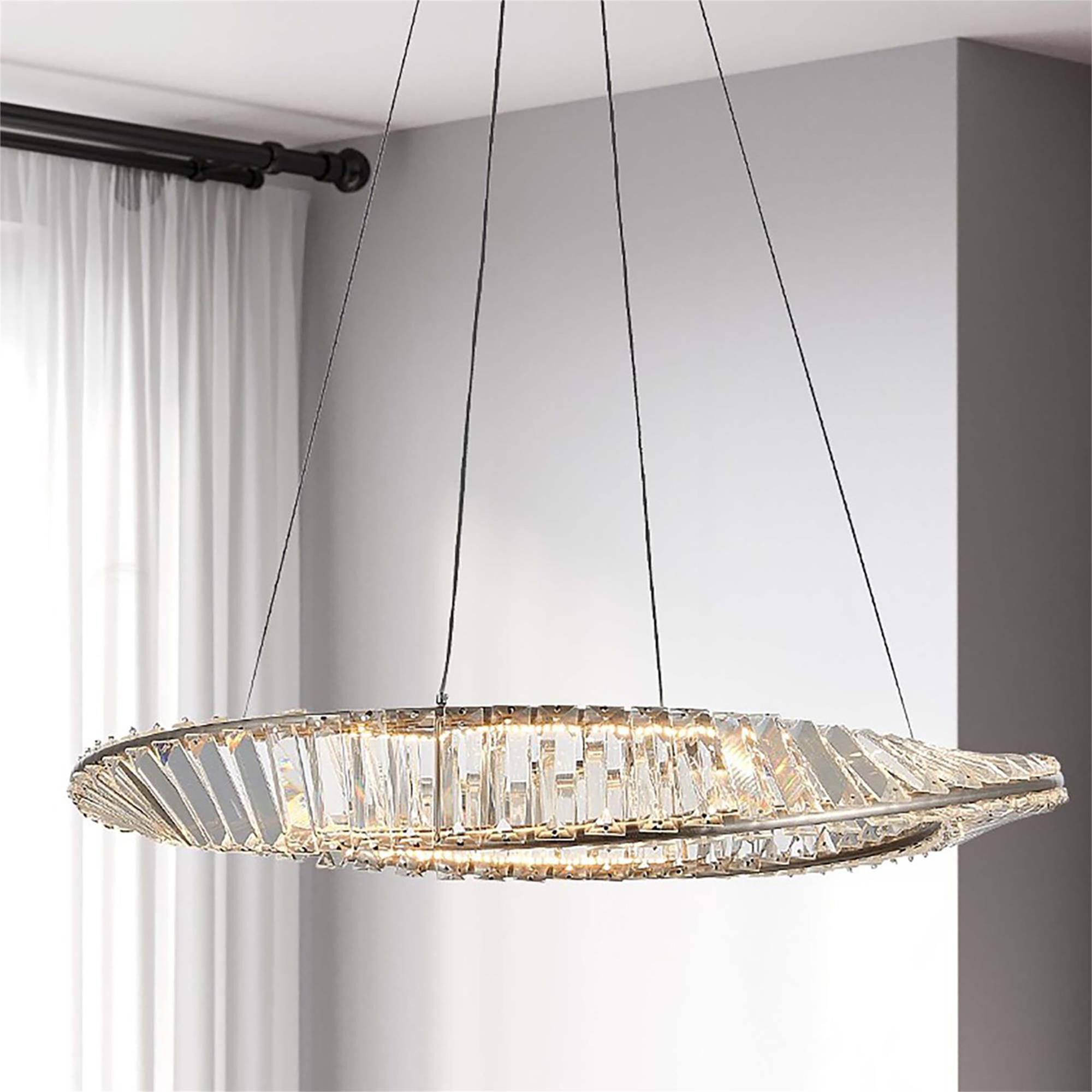 Shown in Satin Nickel finish and Clear Crystal glass